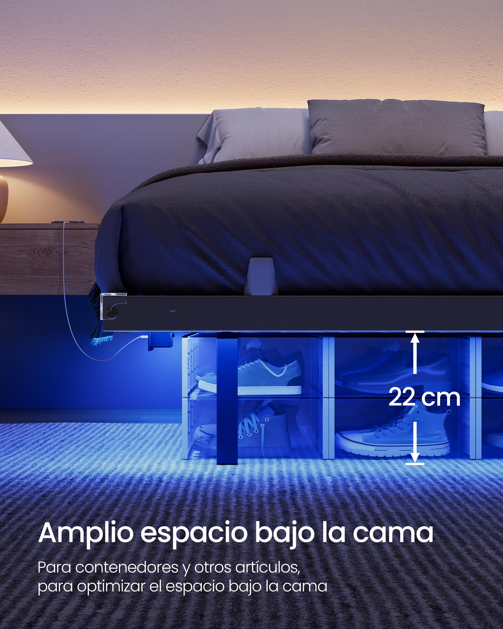 VASAGLE Marco de Cama 140 x 200 cm, Luces LED, Estación de Carga Extraíble, 2 Tomas CA, 1 Puerto USB-C, 1 Puerto USB-A, 1 en Posterior, Soporta hasta 500 kg, Negro Tinta RMB174B101