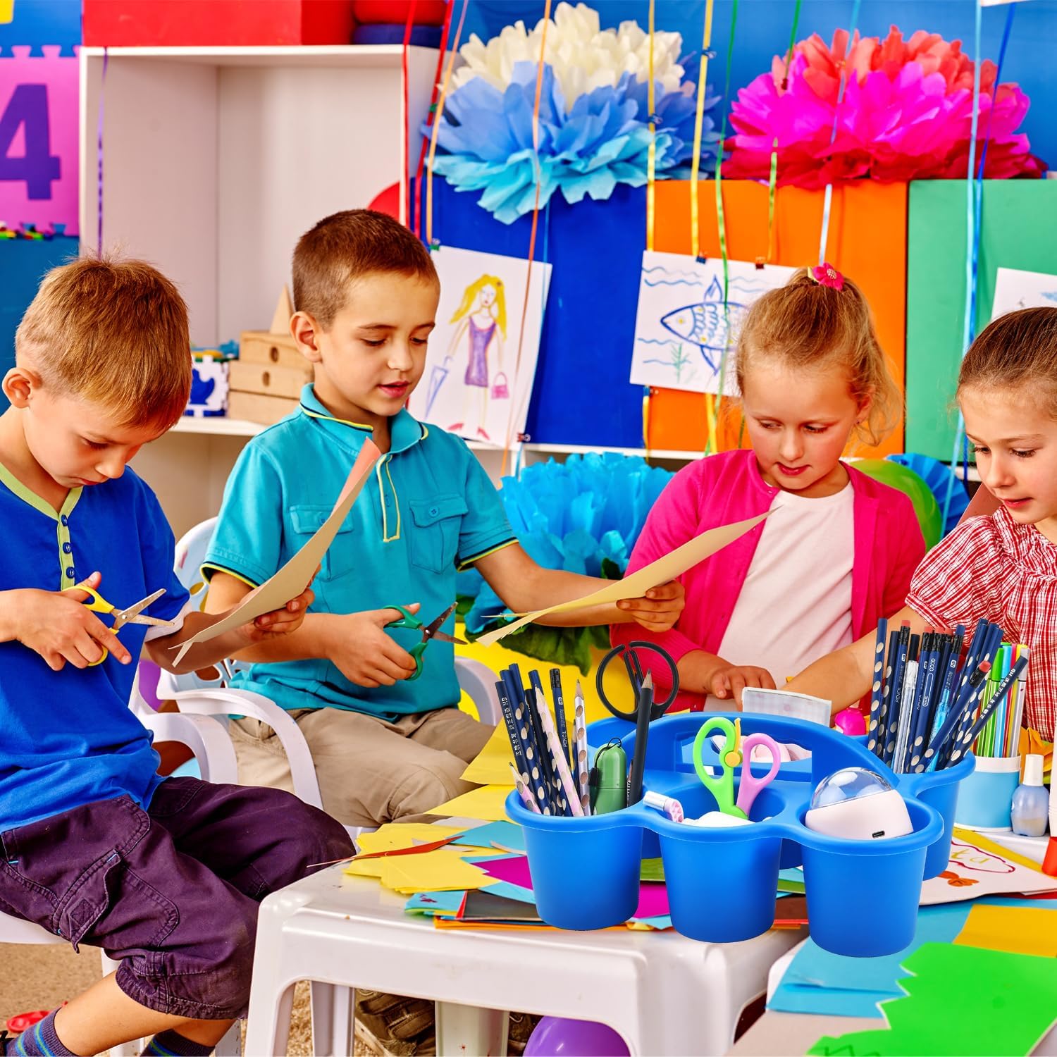 6 Pack Classroom Caddy Storage Basket with Handle, Plastic Drink Cup Caddy Holder, 6 Compartments for Kids, Table, Office, Arts, Crafts, Crayon, Marker, Pencil, School Supplies - Assorted Colors