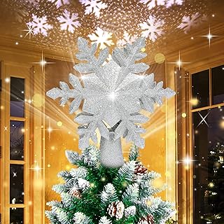 BLOOMWIN Christmas Tree Topper Lighted with Snowflake Projector, LED Rotating Hollow Snowflake, 3D Glitter Lighted Silver Snowflake Tree Topper for Xmas Tree Festival Decorations Lights