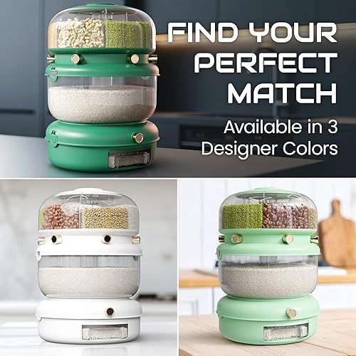 Miniatura 7 de Dispensador de arroz y granos múltiples almacenamiento de alimentos giratorio 3 en 1 hermético con colador, soporta hasta 22 libras (12 libras a