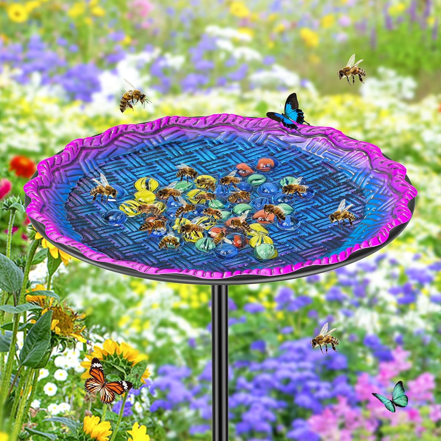 Bee Butterflies Watering Station, Standing Bee Feeder with Glass Marbles for Outside, Bee Bath Feeder with Metal Stakes Butterfly Puddler Garden Yard Déco (Green)