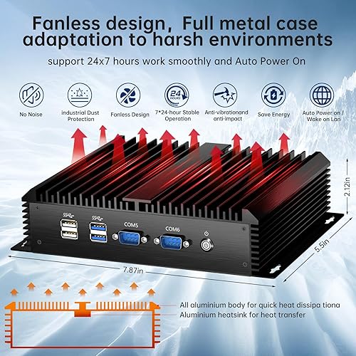 Miniatura 2 de Mini PC industrial, computadora de escritorio sin ventilador Core i5-4200U 1.6-2.6GHz, Windows 10 Pro, 8G RAM, 256G SSD, 2xNICs, 6xCOM RS232, 4xUSB