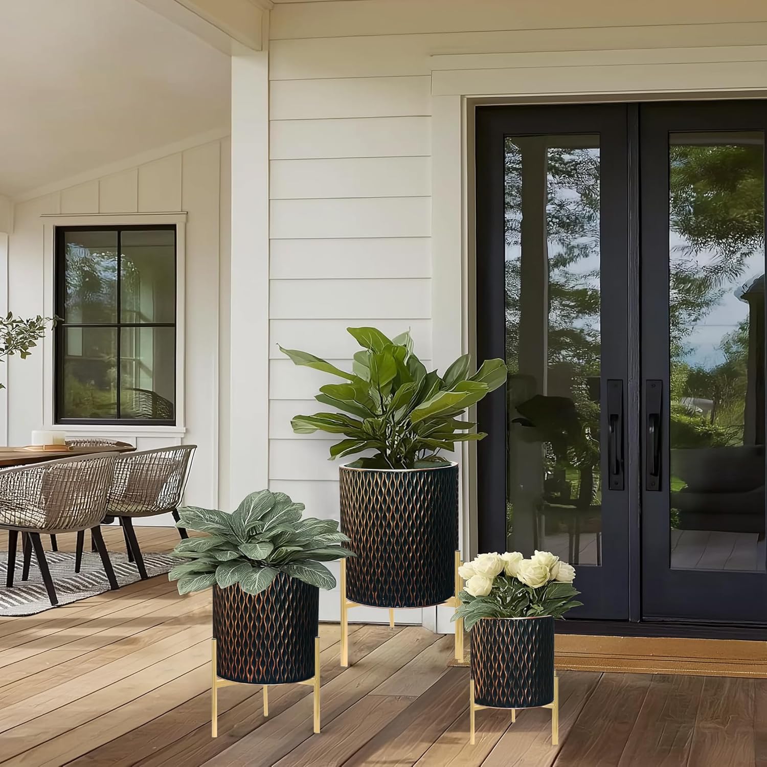 Growsun Metal Planter Stand Set of 3, Indoor OutdoorPlant Stand with Flower Pots, Rust-ResistantElevated Plant Display for Balcony Patio &Living Room