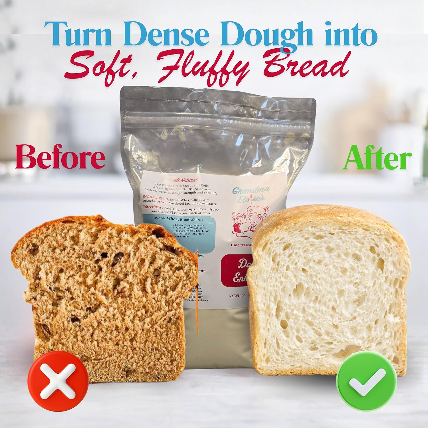 Grandma Eloise’s Dough Conditioner for Bread Baking – 4 LB – Improves Rise, Texture & Shelf Life – Makes Soft, Fluffy Whole Wheat & White Bread – Natural Bread Improver Powder