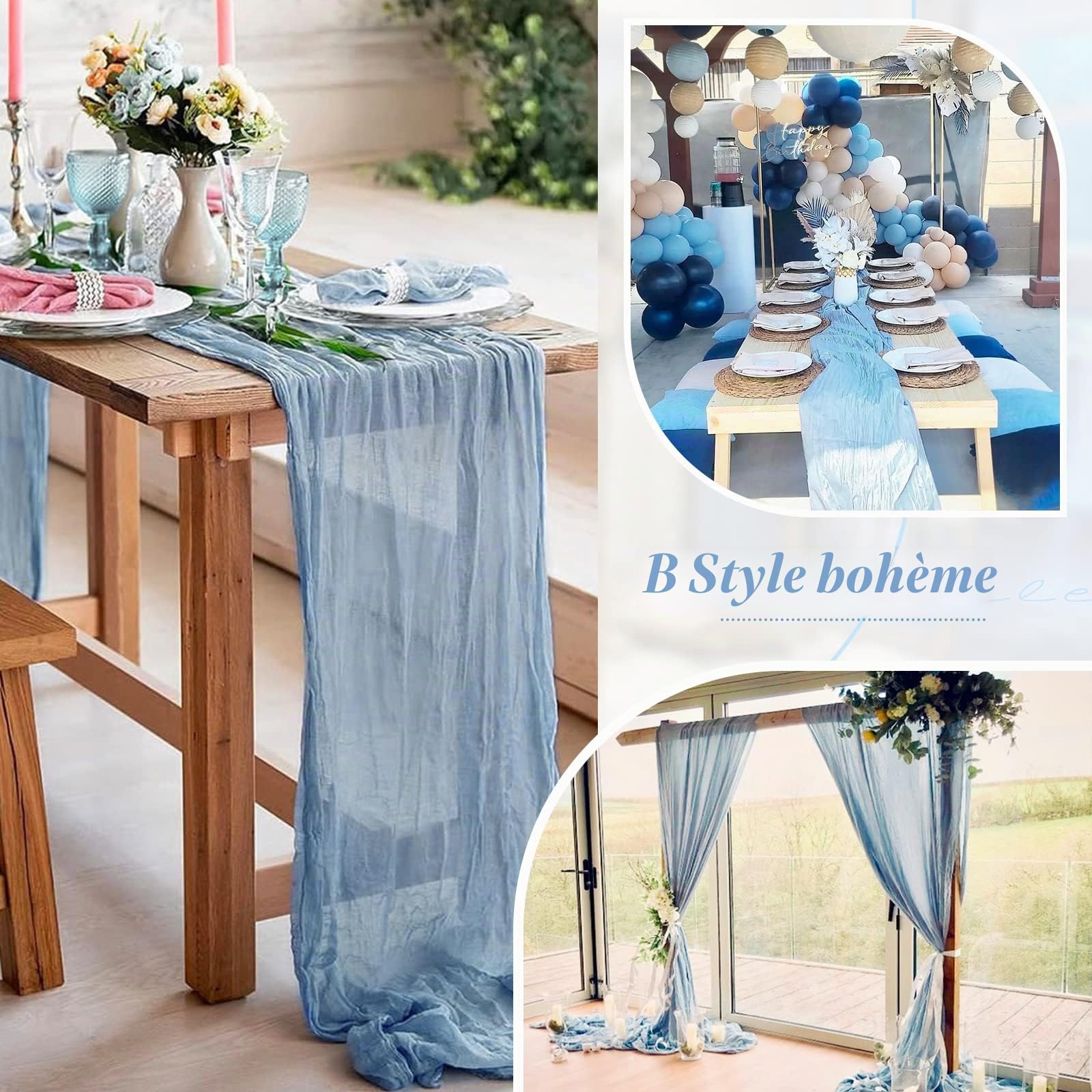 10 Pack Chemin de Table en Étamine Bleu Poussiéreux - 10FT Long Semi-Transparent en Gaze - Tissu Boho