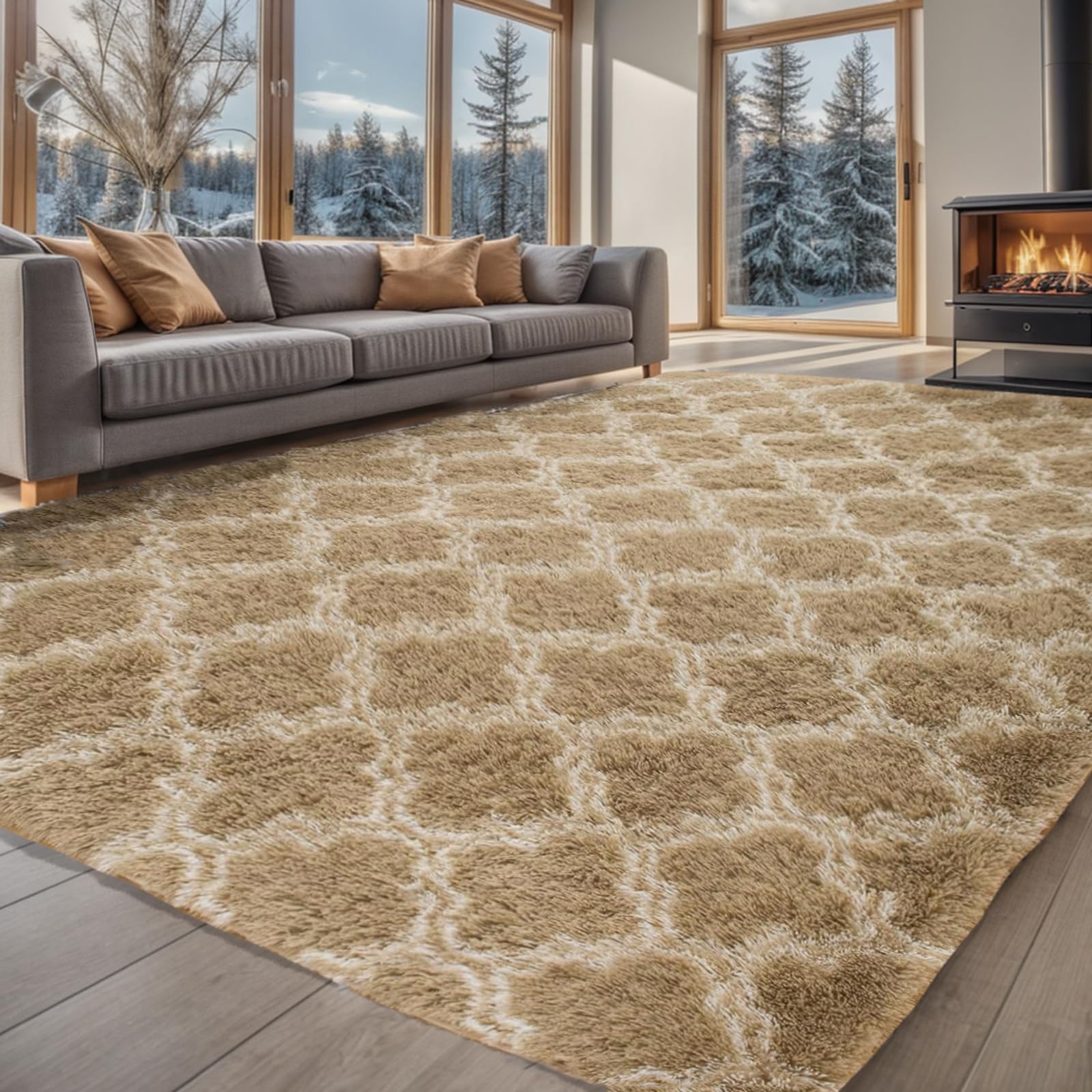 Uryedo Area Rugs for Bedroom Living Room Large Soft Touch Rug Homeware Rugs Anti Slip Modern Super Soft Thick Pile Fluffy Shaggy Carpet Non Shedding(180x270 cm)-Khaki