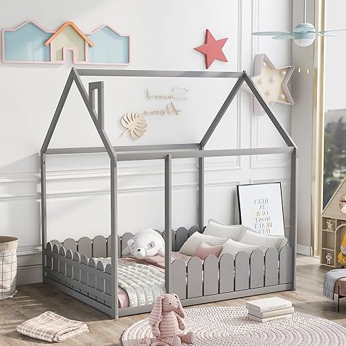 Miniatura 11 de MERITLINE Cama de madera tamaño individual, base de cama con techo, cama individual para niñas, niños, necesita somier, color blanco Blanco,Gris