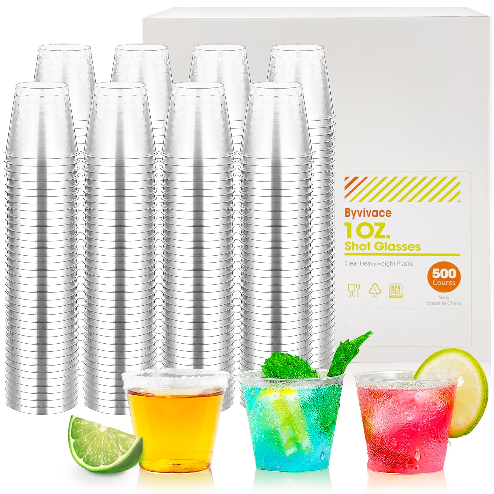 ByvivaceShot Glasses, 500 Counts 1OZ. Disposable Plastic, Clear, Crack Proof, 1.0 Ounces, Modern Design for Parties