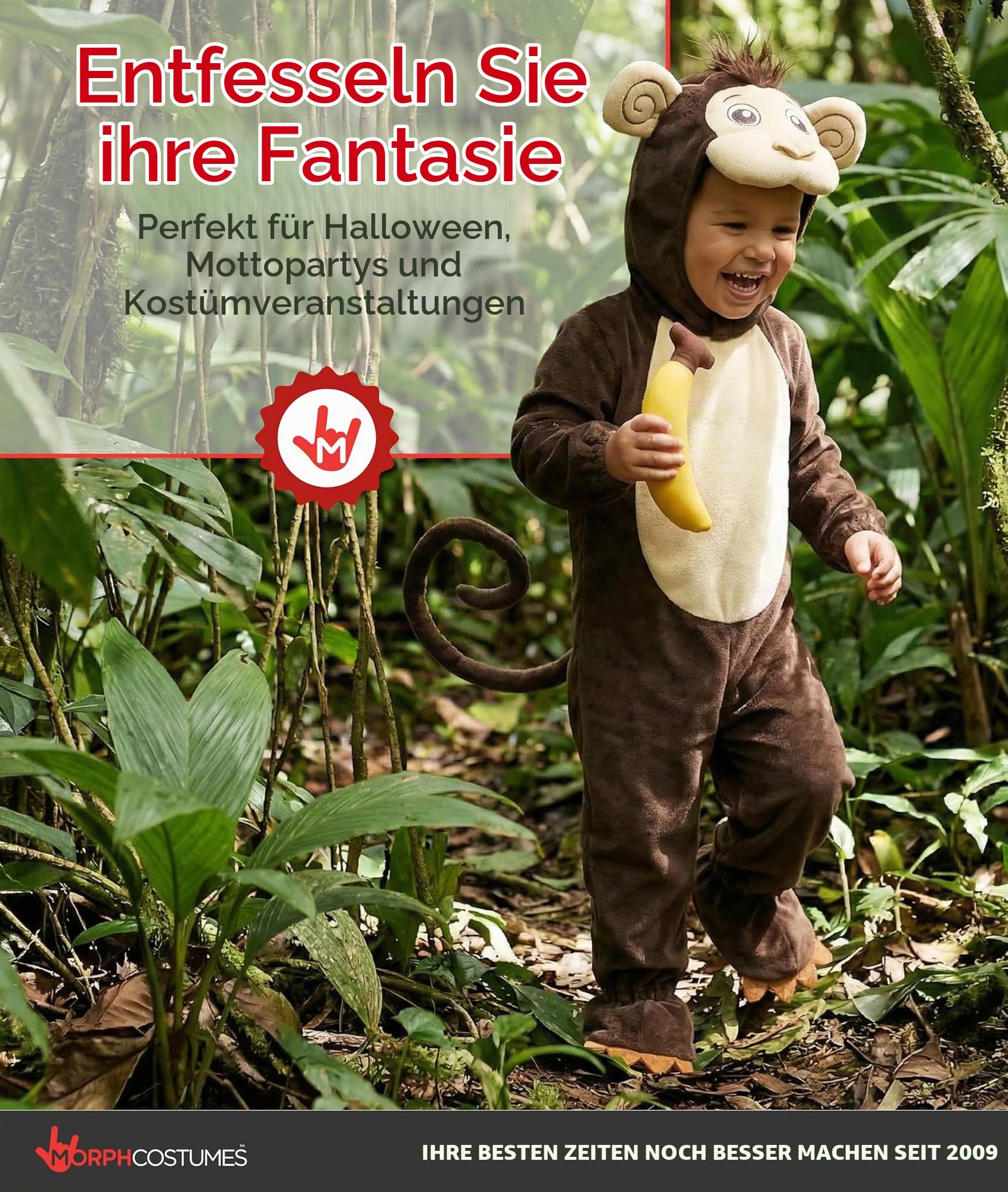 Morph Affen Kostüm Kinder, Tierisches Halloween Kostüm Kinder | Plüsch-Body, Kapuze, Schwanz & Plüsch-Banane, Braun, Zum Überziehen, Perfekt für Halloween, Ideal für Rollenspiele