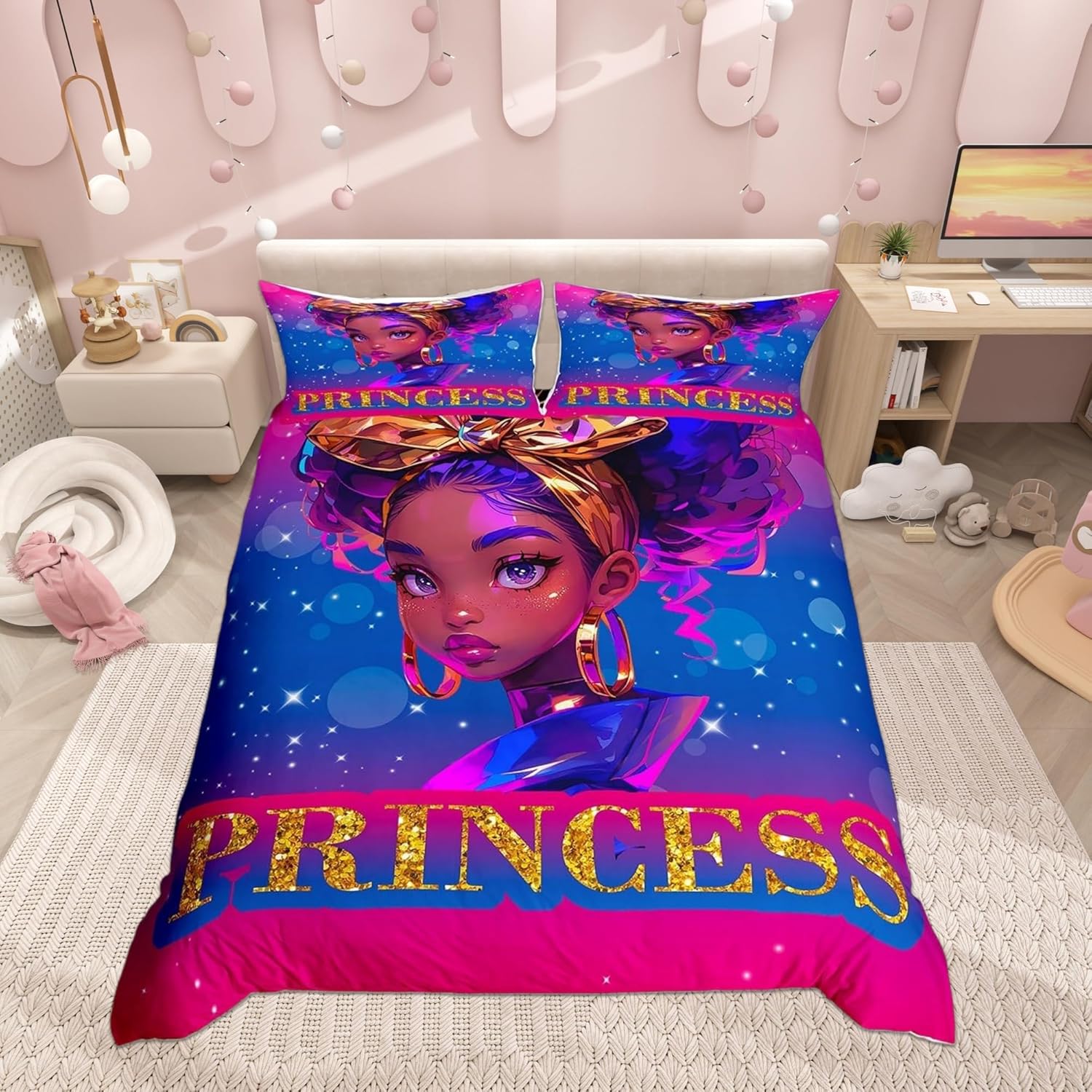 Castle Fairy African Duvet Cover Set Full Size,Purple Black Cool Princess Themed Girls Comforter Cover with 2 Pillowcases,American Style Sparkling Stars Pink Blue Breathable Bedspread for Boys Teens