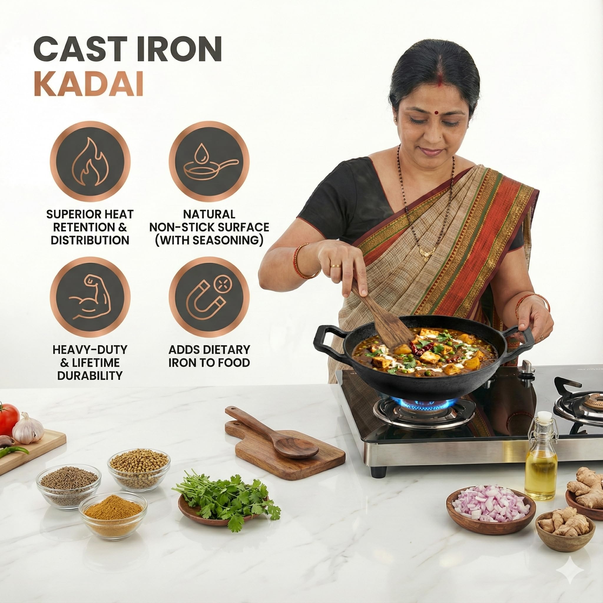 Human Hydro Pre-Seasoned Cast Iron Kadai - 23cm (9.1 Inch), 1.3 Litre with Wooden Flip Spatula, Induction & Gas Friendly Flat Botton, 100% Natural Non-Stick & Non-Toxic 2