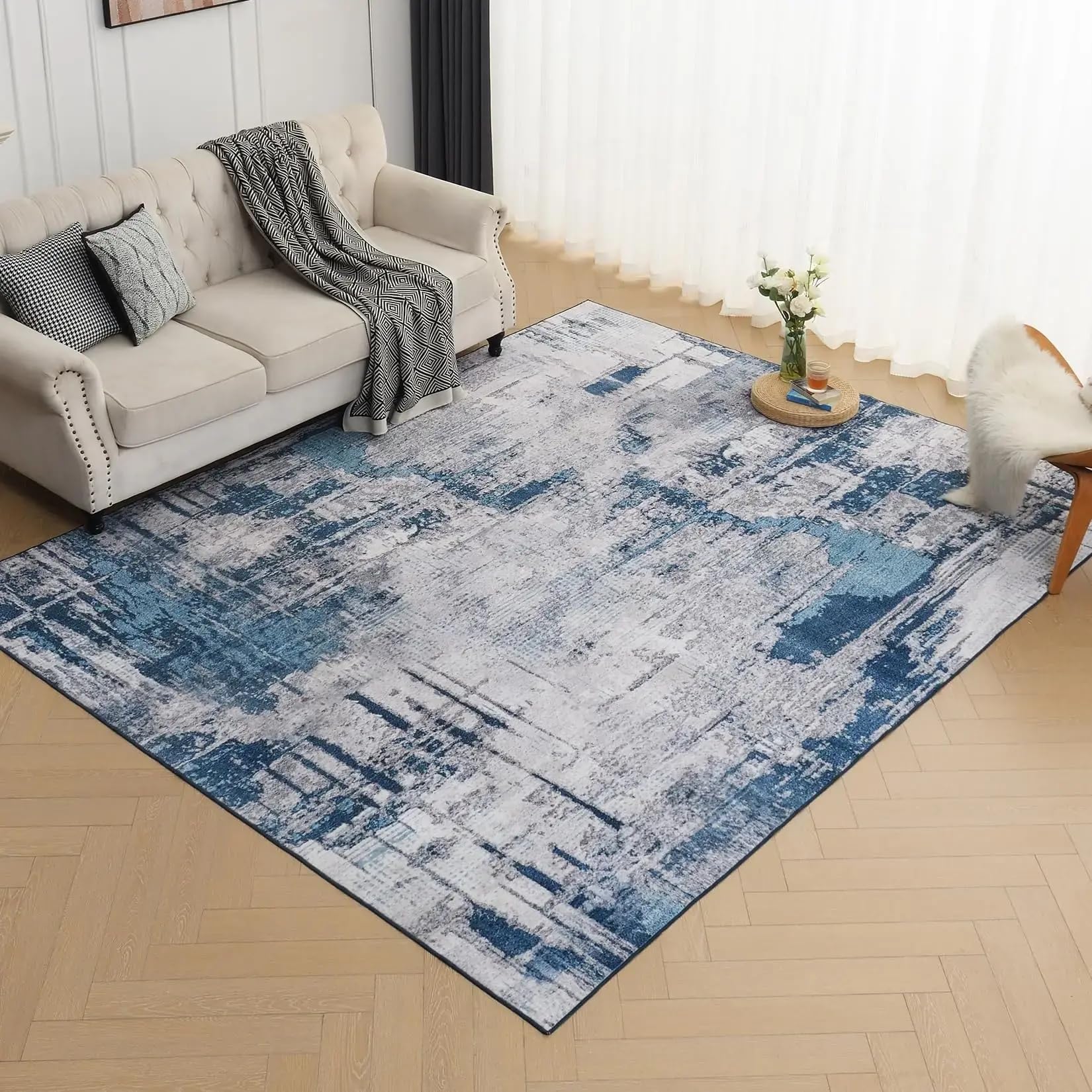 Tapis bleu 90x180 cm abstrait moderne salon chambre antidérapant