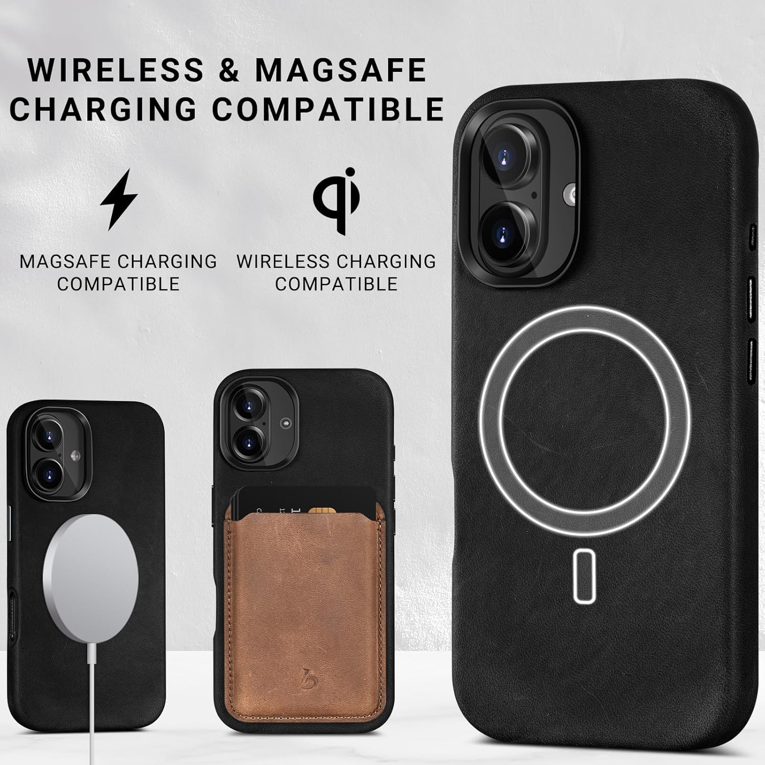 Belemay Compatible with iPhone 16 Plus Leather Case, Compatible with Magsafe, Premium Crazy Horse Leather [Vintage Aesthetic] Comfort Grip, Metal Buttons & Camera Bump Frame, (6.7") Black - Image 6