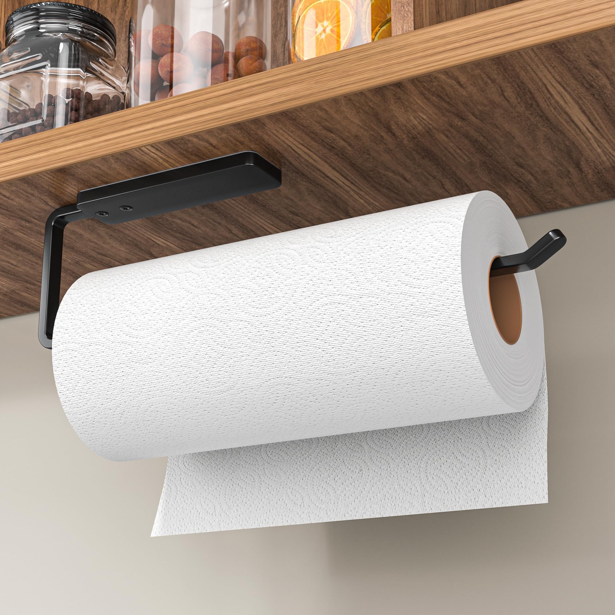 Paper Towel Holder Under Cabinet - Wall Mounted Paper Towel Holder No Drilling, Adhesive Under Cabinet Roll Holder, Black Kitchen Towel Holder, 31 x 8