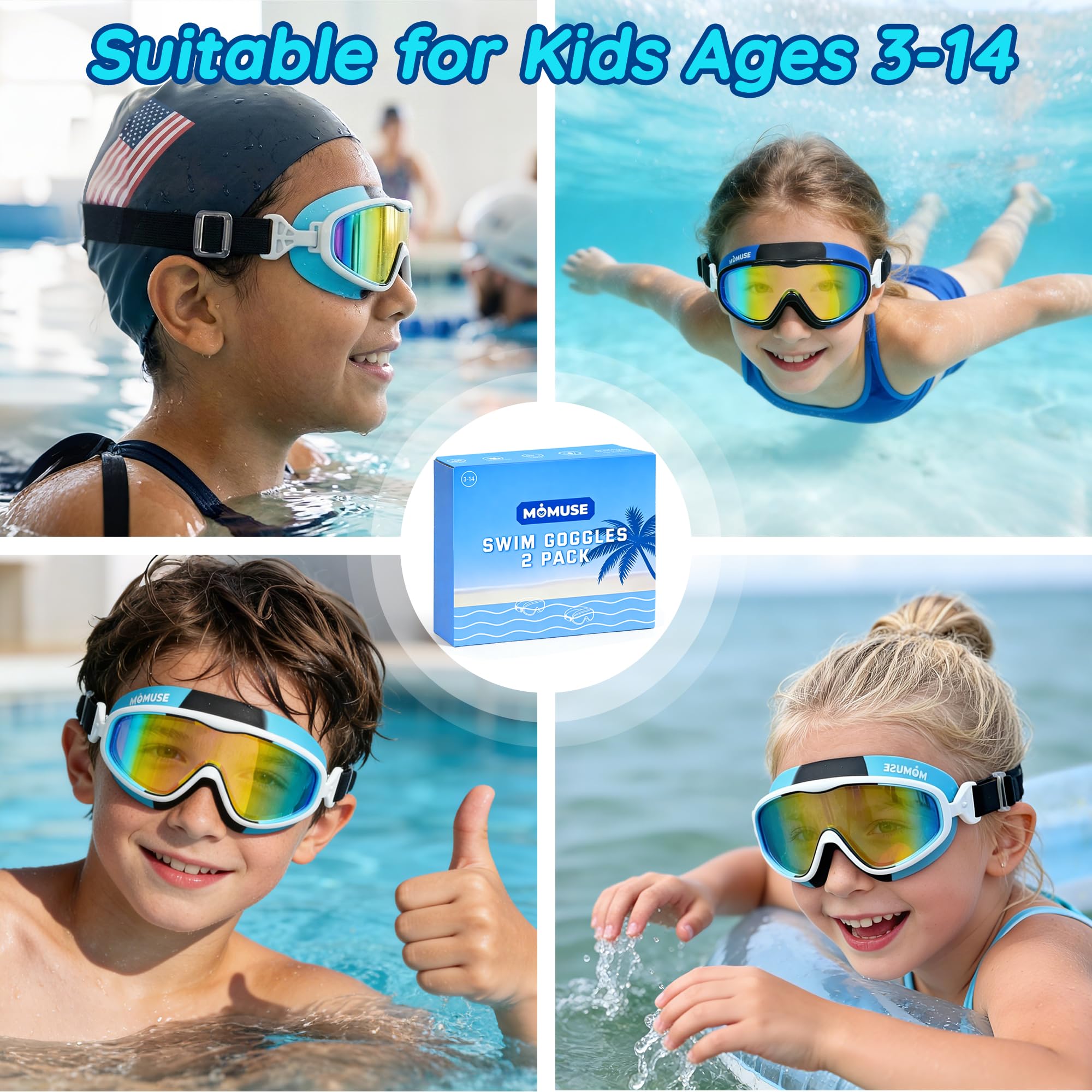 MOMUSE Gafas Piscina Niños 2PCS, Protección UV Antifog, Gafas Buceo Niño Anti Fugas