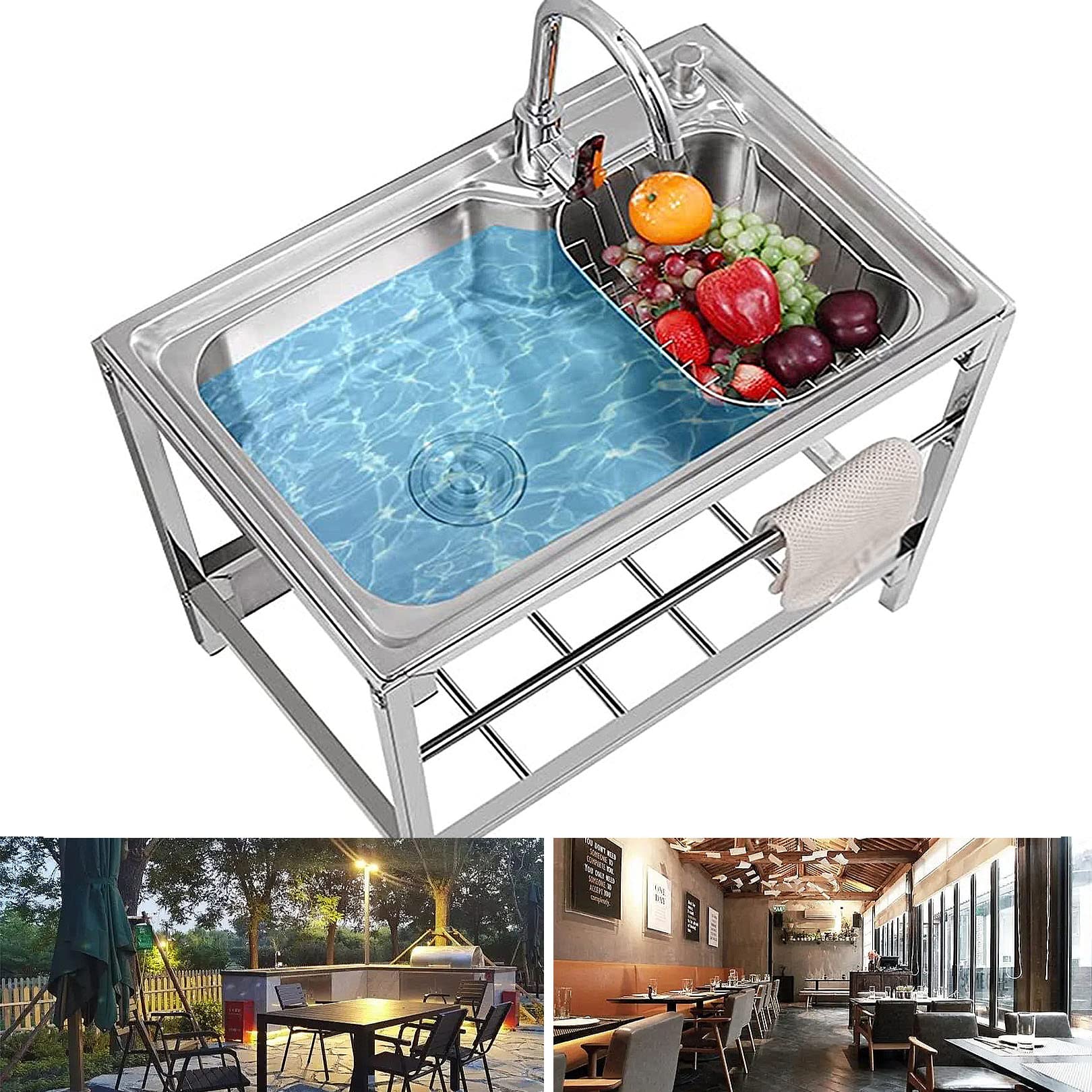 TAXXII Catering Sink Including Faucet, Stainless Steel Freestanding Outdoor Single Washbasin, Kitchen Commercial with Storage Shelf