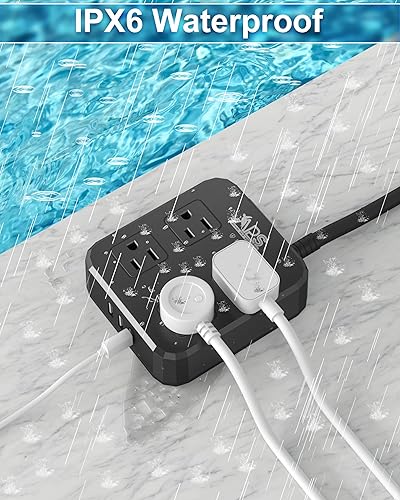 Miniatura 3 de Regleta de alimentación para exteriores resistente a la intemperie, impermeable con 4 salidas anchas con 3 puertos USB, cable de extensión de 6 pies