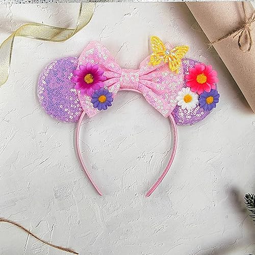 Miniatura 5 de Diademas de orejas de ratón de flores, orejas de lentejuelas con margarita, girasol, mariposa, orejas de ratón, aro de pelo, diadema de cabeza de