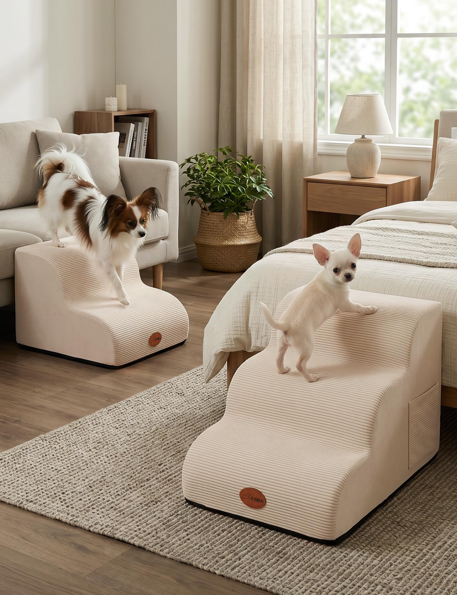 X XBEN 犬 階段 ステップ 犬 スロープ ドッグステップ 33D密度スポンジ 2段ペット 階段 収納ポケット付き 滑り止めデザイン カバー取り外し洗濯可能 小型犬適用 室内リビング・寝室・ソファ横など幅広く活用 丸角デザイン 怪我防止 犬の踏み台