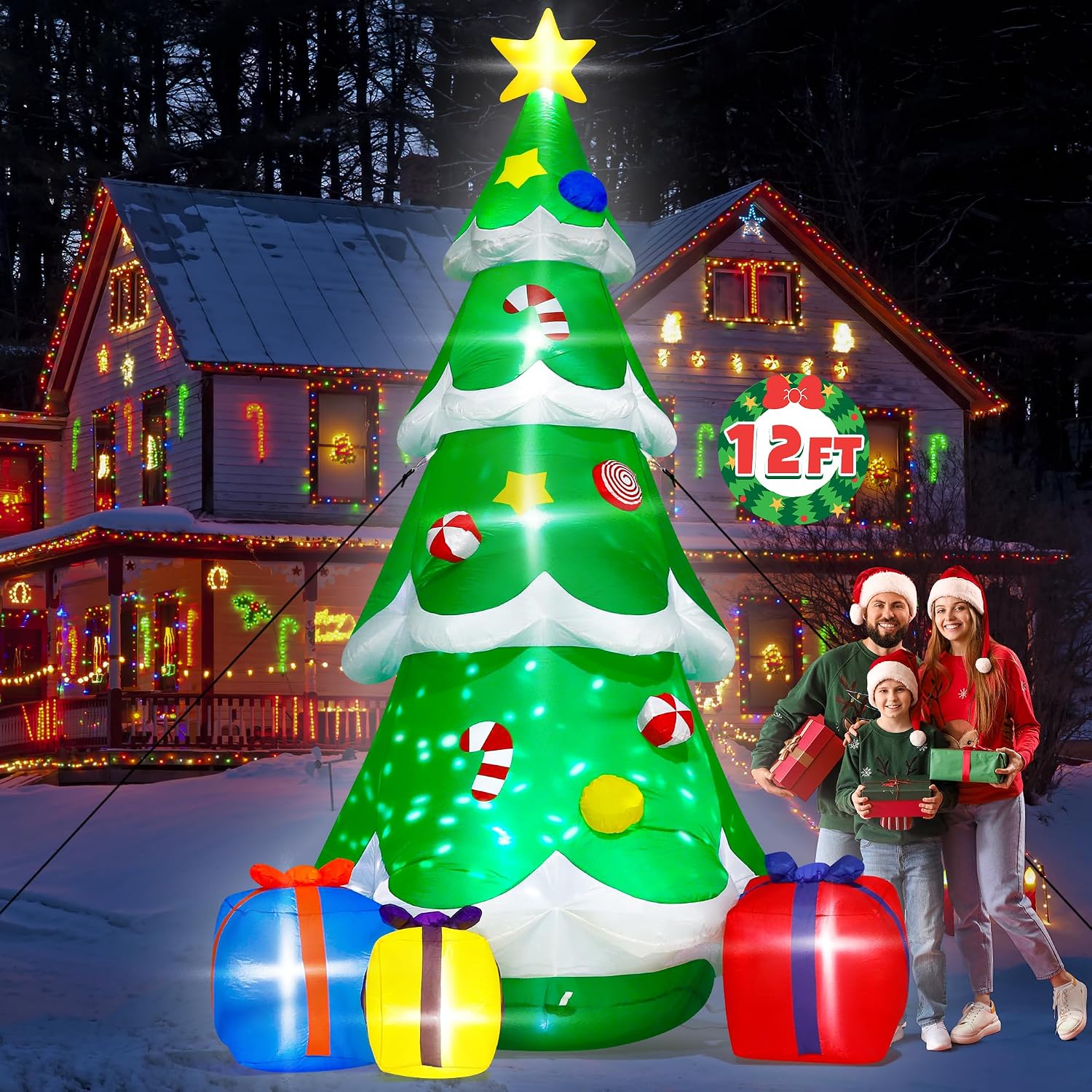 12FT Christmas Tree Inflatable, Giant Blow Up Tree With Boxes, Lighted Up With Rotating Snowflake Lamp, Colorful Yard Decoration for Xmas Lawn