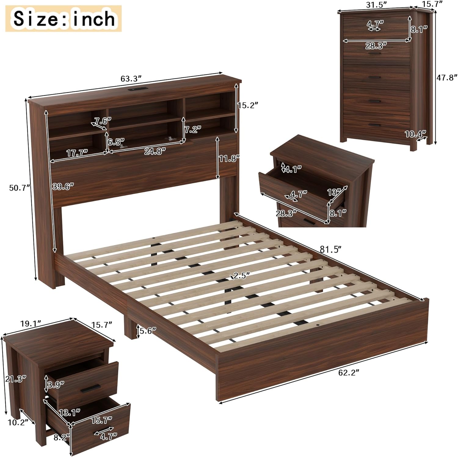 Merax 4-Pcs Queen Size Bed Frame & Dresser & 2 Night Stand Bedroom Set, Platform Bed with USB Charging Ports Storage Headboard, Cabinet Dresser with 5 Drawers, Nightstands, Wooden, Dark Walnut