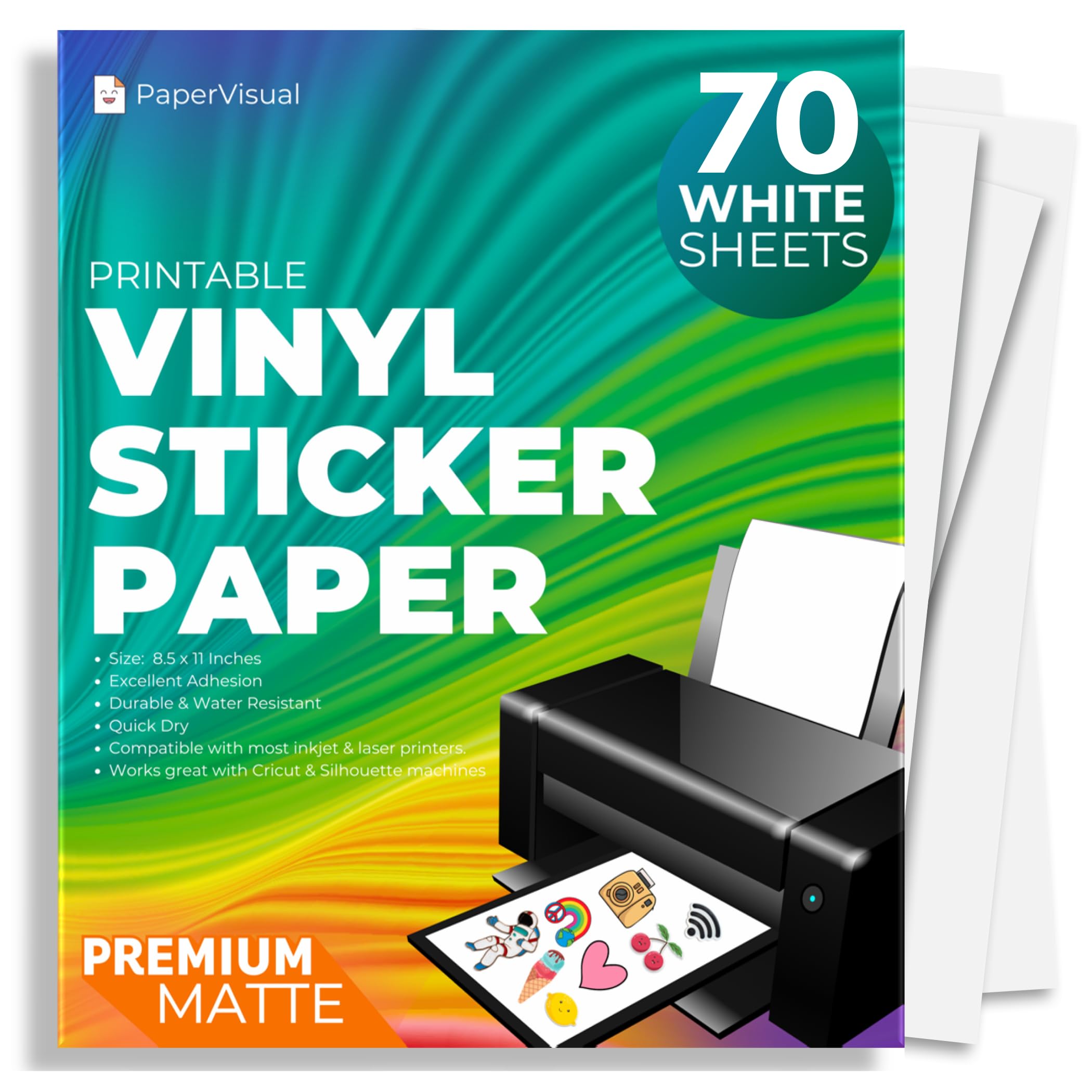 Premium Printable Vinyl Sticker Paper for Inkjet and Laser Printer - 70 White Matte Sticker Paper Waterproof - Excellent Adhesion Paper 8.5 x 11, Fast Dry, Holds Ink Well, Great for Cutting Machines