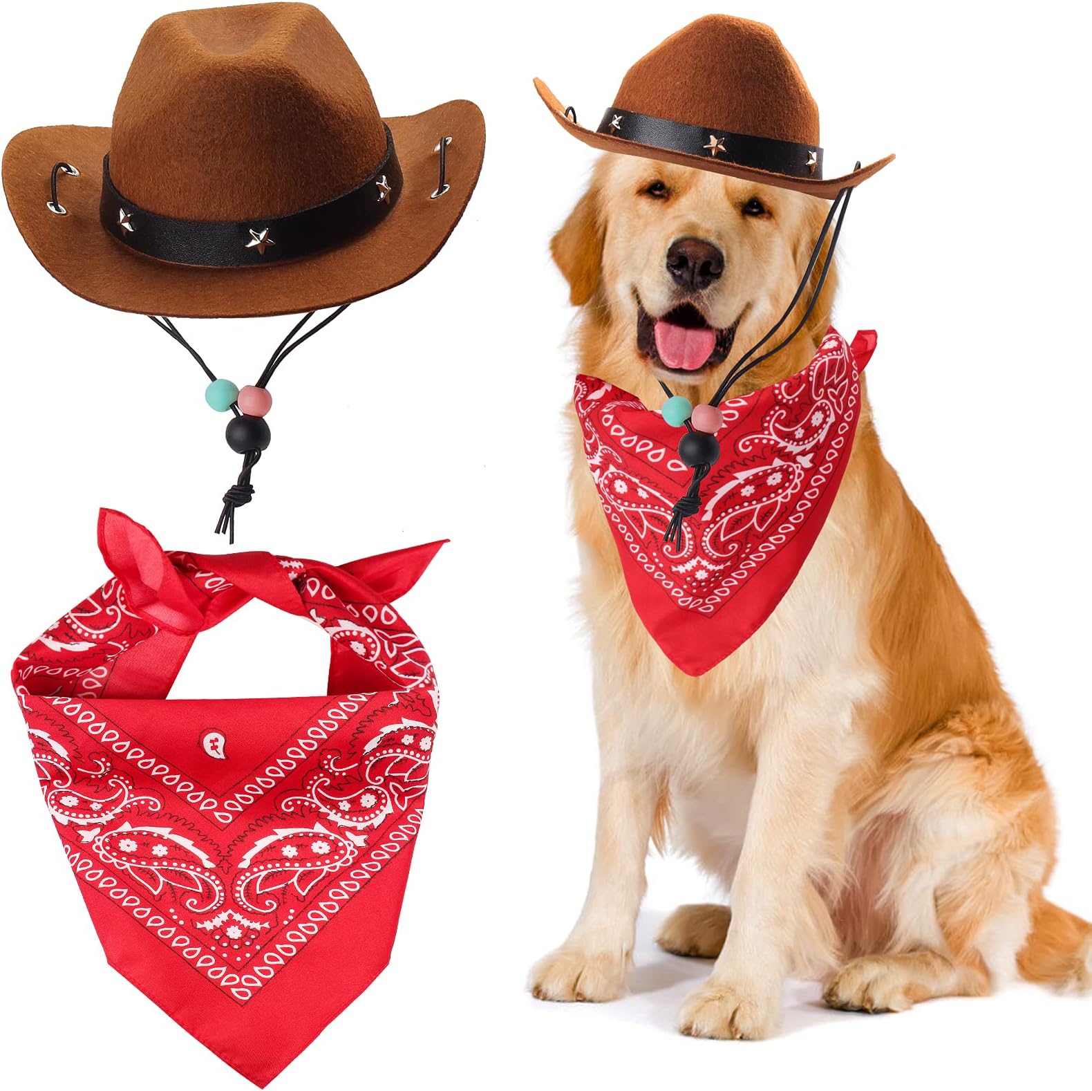 Yewong Pet Cowboy Costume Accessories Dog Cat Pet Size Cowboy Hat and Bandana Scarf West Cowboy Accessories for Puppy Kitten Party Festival and Daily Wearing Set of 2 (Coffee)
