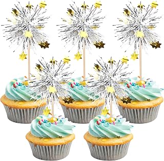 30 PCS Foil Firework Cupcake Toppers Happy Birthday Star Cupcake Picks Sparkle Tinsel Drink Stirrers Cocktail Fruit Toothpicks for Valentine's Day Wedding Birthday Party Decorations Supplies Silver