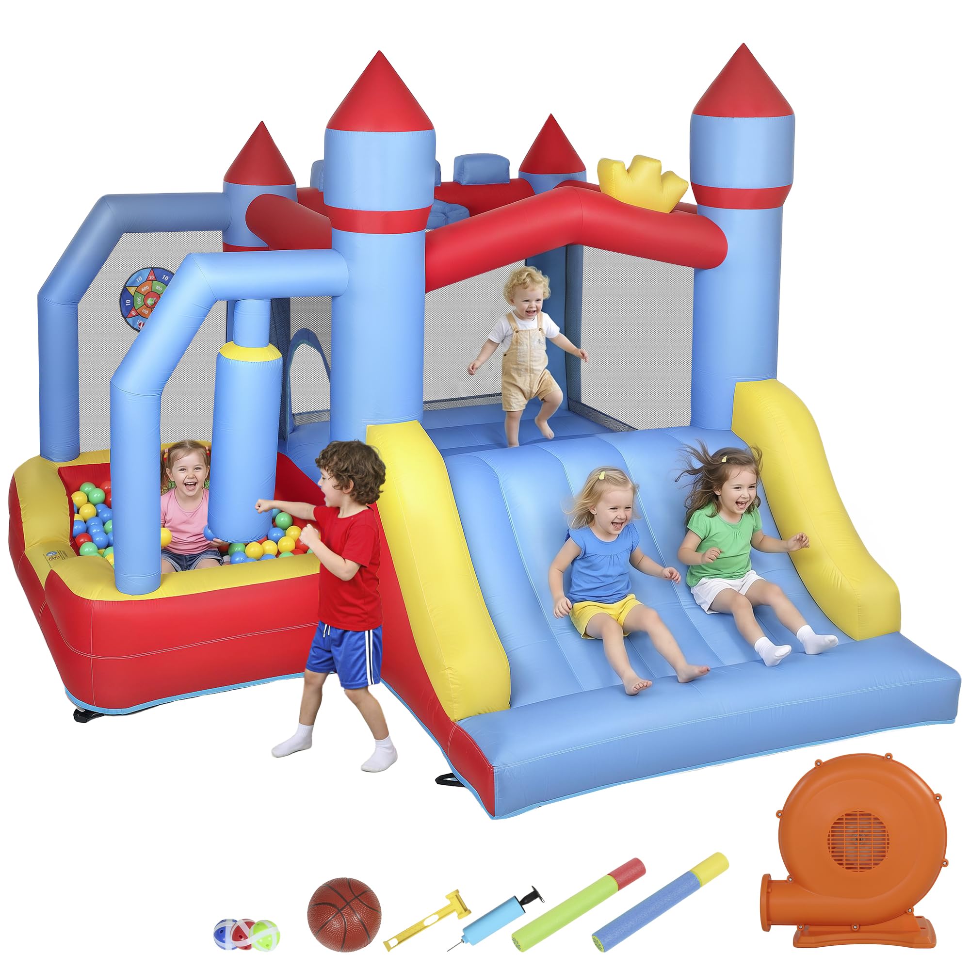 AIYAPLAY Castillo Hinchable para Niños con Soplador, Castillo Hinchable con Tobogán, Zona de Salto, Piscina, Pilar de Boxeo y Aro de Baloncesto, para Niños 3-8 Años, Interior, Exterior, 277x270x215 cm