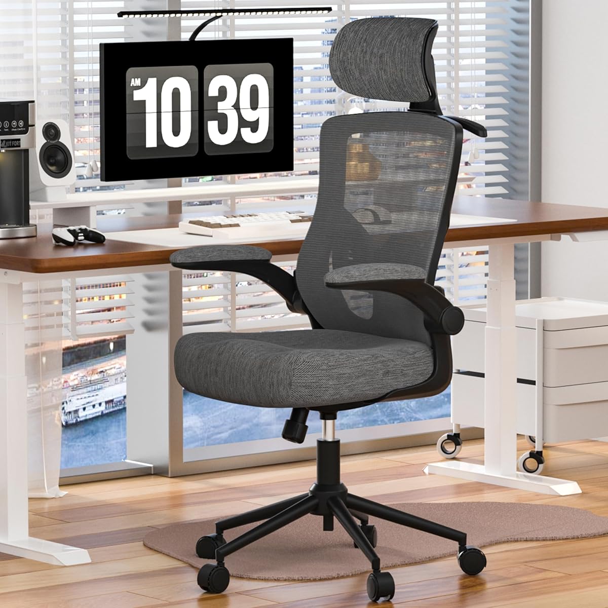 Ergonomic Office Chair, High Back Mesh Desk Chair with Molded Foam Cushion, Adjustable Headrest, Lumbar Support, Lock Function (Black Frame Grey)