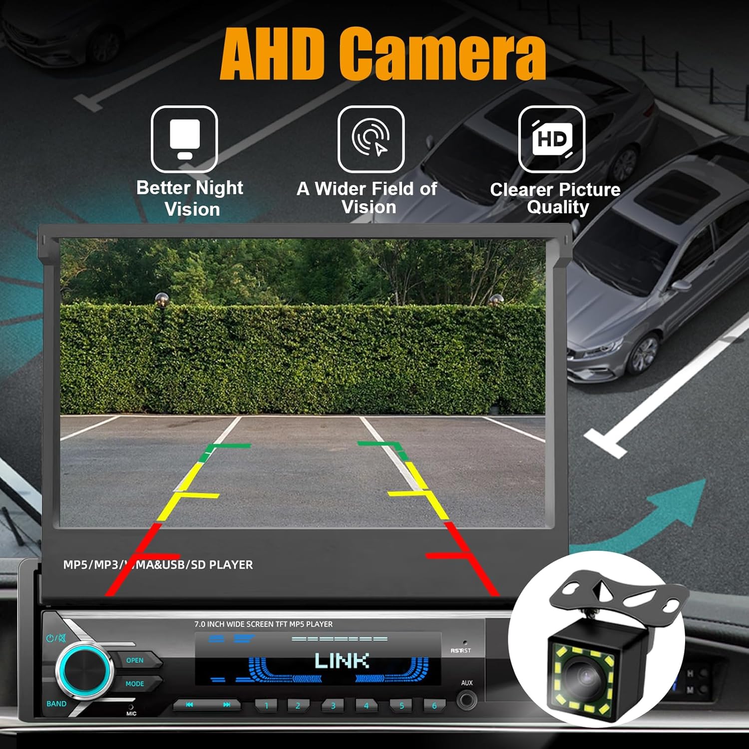 AHD backup camera view on car stereo screen with parking lines