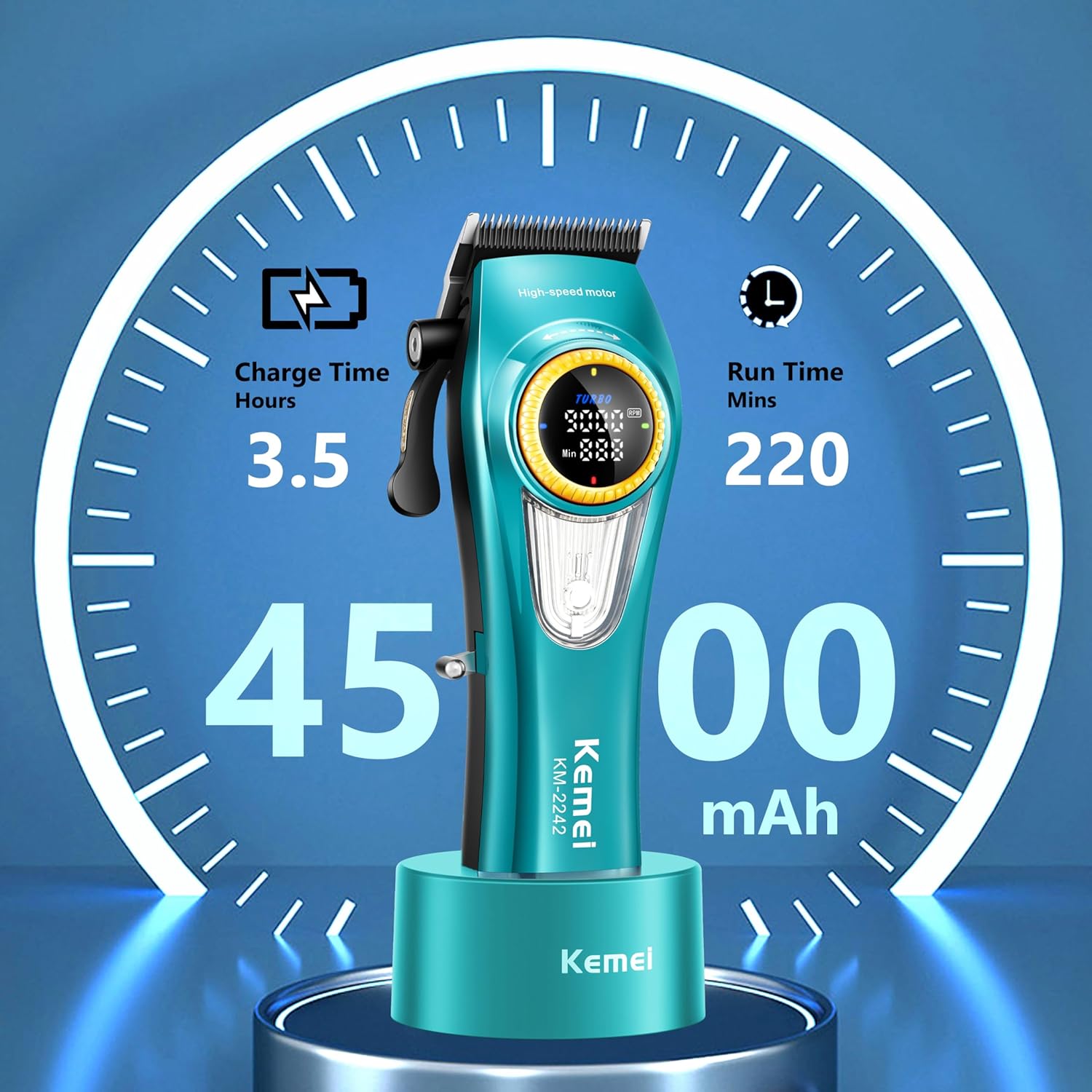 KEMEI 2242 Professional Hair Clippers for Men, Cordless Barber Clipper with LED Display & Charging Base, Hair Cutting Tools, 9000 RPM Super Torque Motor, Green - Image 2