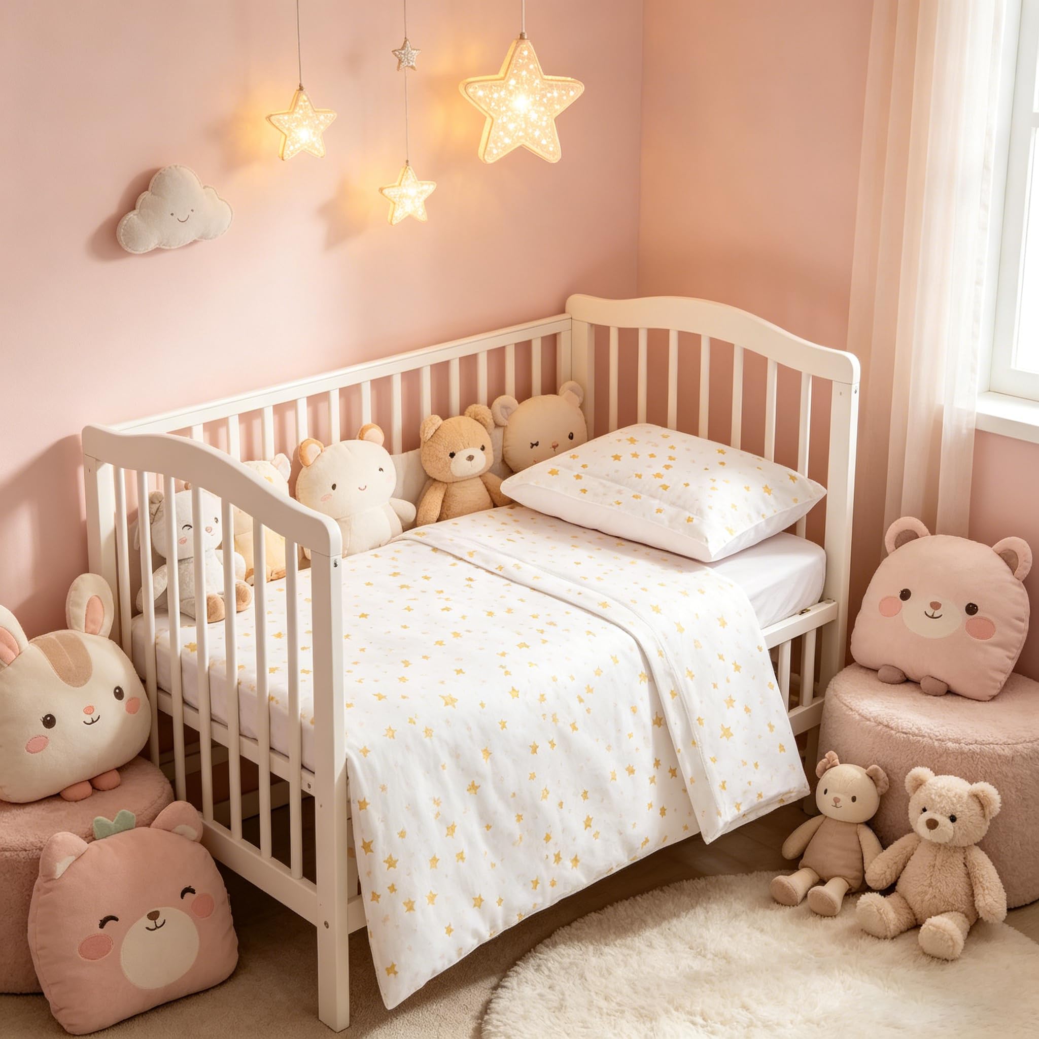 various Set Lenzuola Lettino Neonato 60x120 cm, 100% Cotone Extra Morbido, Include Lenzuolo con Angoli, Lenzuolo Sopra e Federa, Biancheria Letto Bambino Traspirante Motivo Stelle Beige