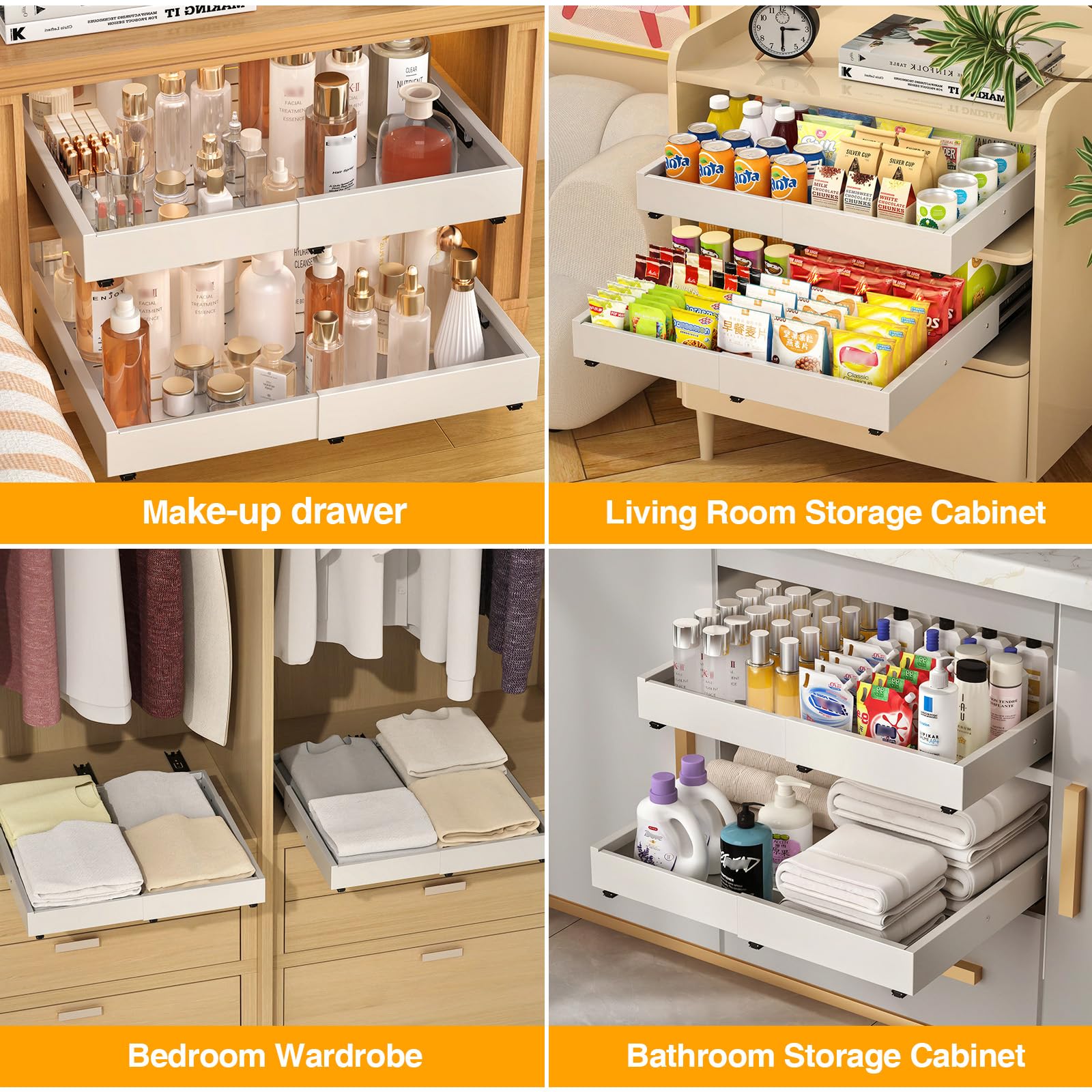 KUOGAS Pack de 2 Cajones Extraíbles para Cocina, Cajón Deslizante Ajustable en 4 Niveles, Organizador de Armario de Cocina y Cajón, sin perforación ni clavos (blanco (2 Unidades))