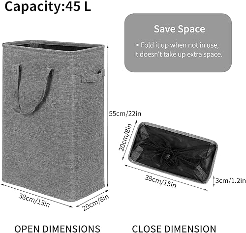 Miniatura 9 de Chrislley Cesta de lavandería delgada de 25 pulgadas, 60 litros, cesta estrecha para la ropa sucia con asa, plegable, organizador portátil y delgado