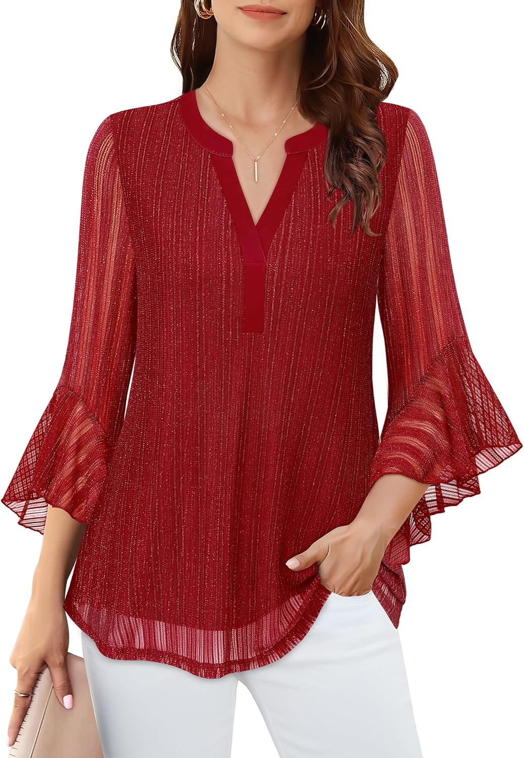 Lotusmile Women's 3/4 Sleeve Dressy Tops Elegant V Neck Blouse for Women Casual Work Evening Party - Image 2