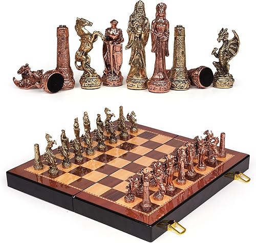 Juego de ajedrez de figura vintage para adultos y niños, tablero de madera con piezas de metal, juego de ajedrez de viaje, juego elegante