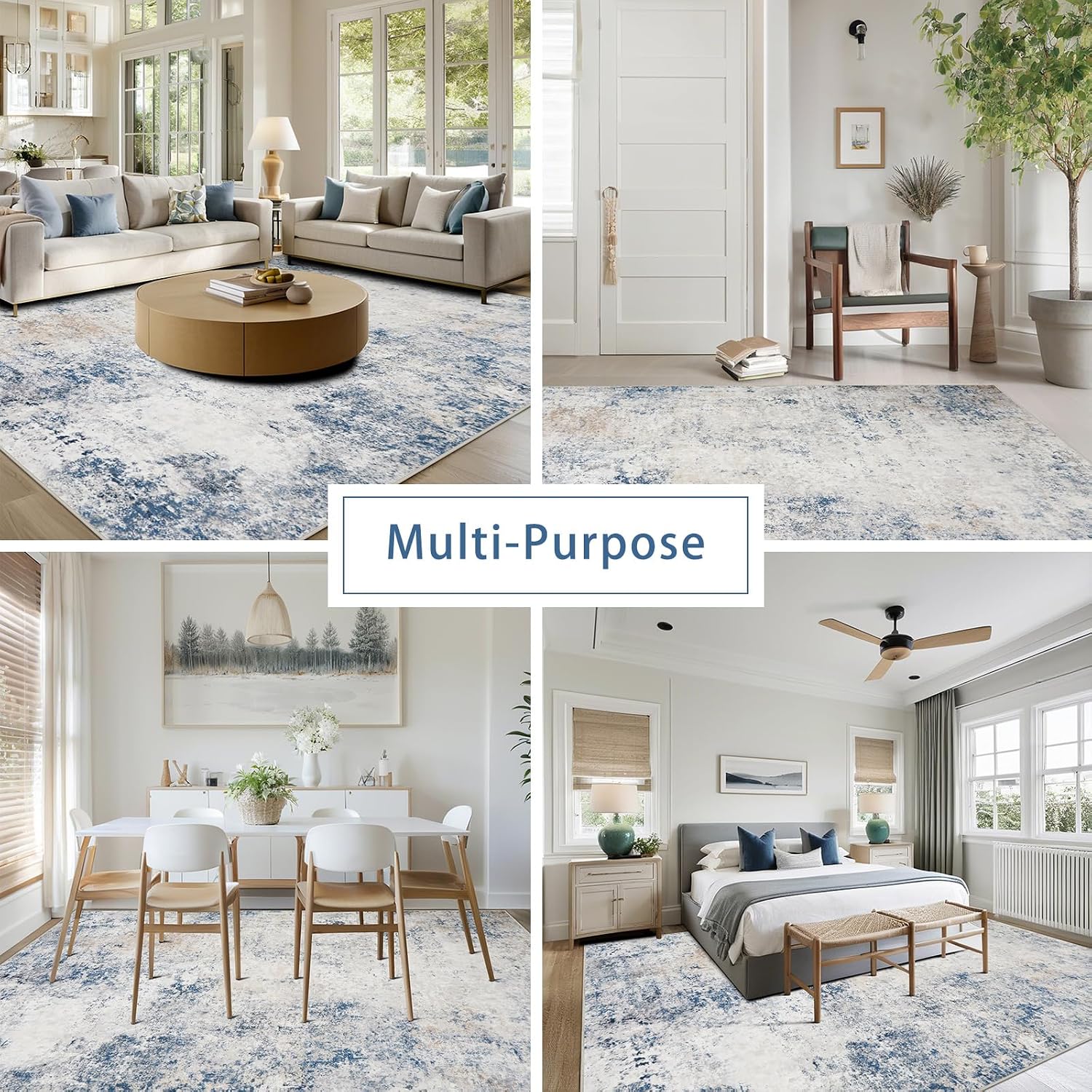 Srugn Washable Rugs 8x10 Area Rugs for Living Room,Modern Abstract Rugs for Bedroom,Large Carpets,Ultra Soft Faux Wool Retro Dining Room Rug,Non Slip&Non-Shedding Low Pile Print Rug- Blue Beige thumbnail