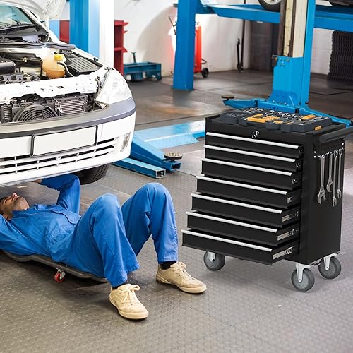 Miniatura 2 de Caja de herramientas con ruedas de 7 cajones, caja de herramientas de metal, armario de almacenamiento de herramientas de gran capacidad con bloqueo