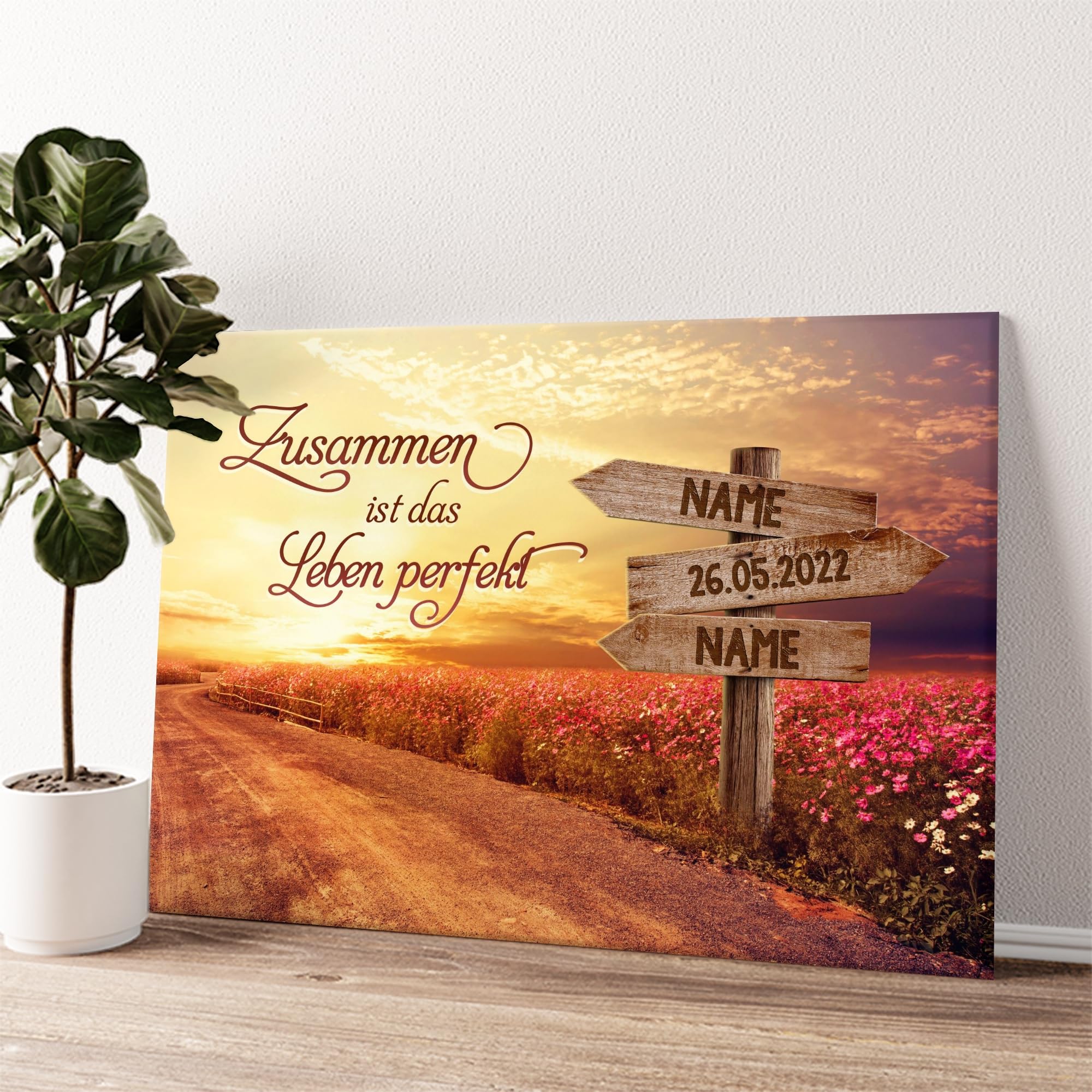 Liebesleinwand Leinwand personalisiert Weg zum Glück | Geschenk für sie oder ihn zum Jahrestag, Verlobung, Hochzeitstag | Leinwandbild gestalten mit Namen und Datum