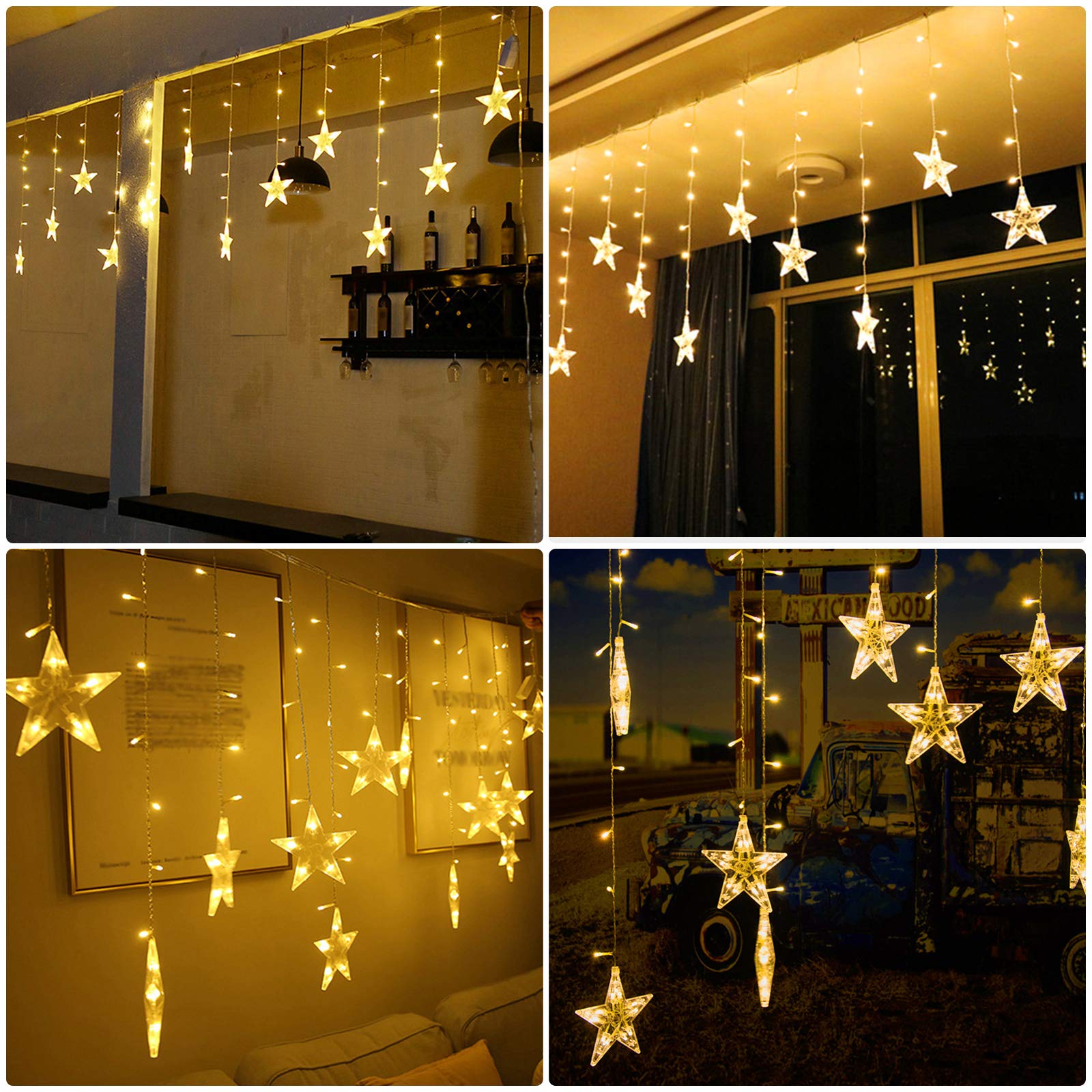 BLOOMWIN Lichtervorhang Stern Lichterkettenvorhang USB 8Modi Stimmungslichter Weihnachtsbeleuchtung für Fenster Tür Innen Sternenvorhang Warmweiß (Packung mit 2)