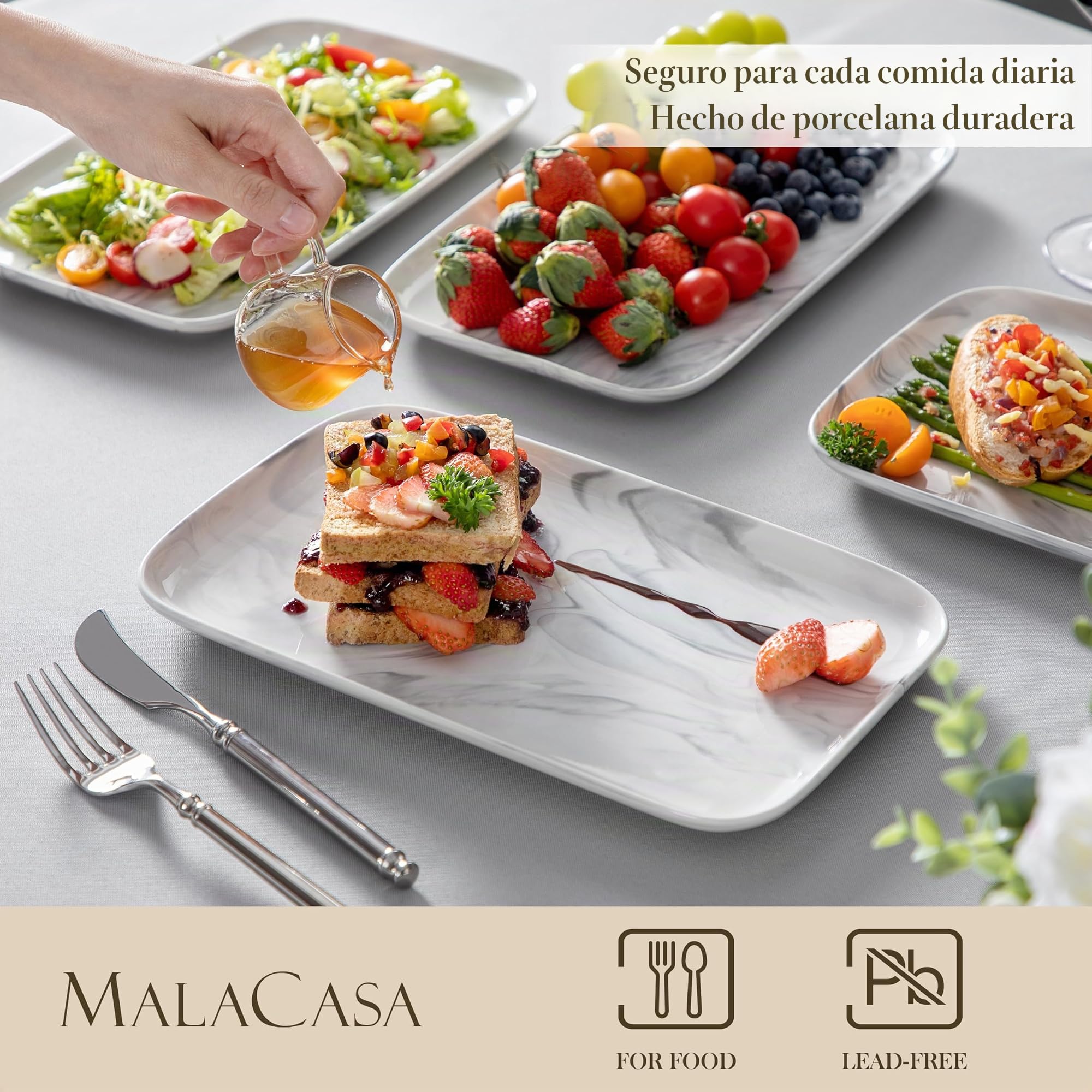 MALACASA Bandeja de Servir de Porcelana, Juego de 4 Piezas, Bandeja Rectangular Grande para Buffet, Sushi, Tartas, Aperitivos En Casa/Restaurante, 30 X 18 Cm, Color Gris Mármol…
