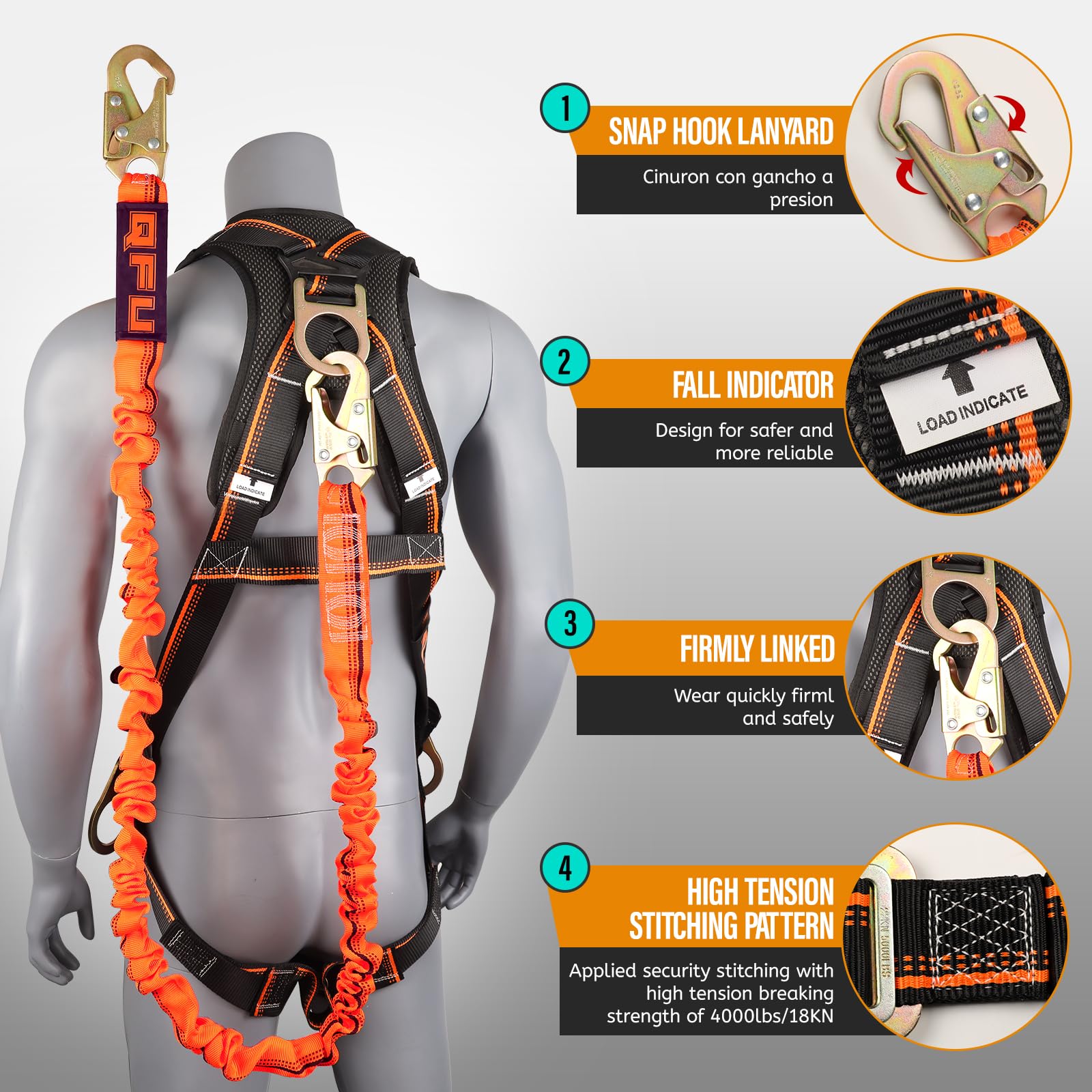 Full Body Safety Harness & Fall Protection Kit with Padded Straps, ANSI Compliant, Includes Shock-Absorbing Lanyard for Roofing, Construction and Industrial Use — Amazon image 3
