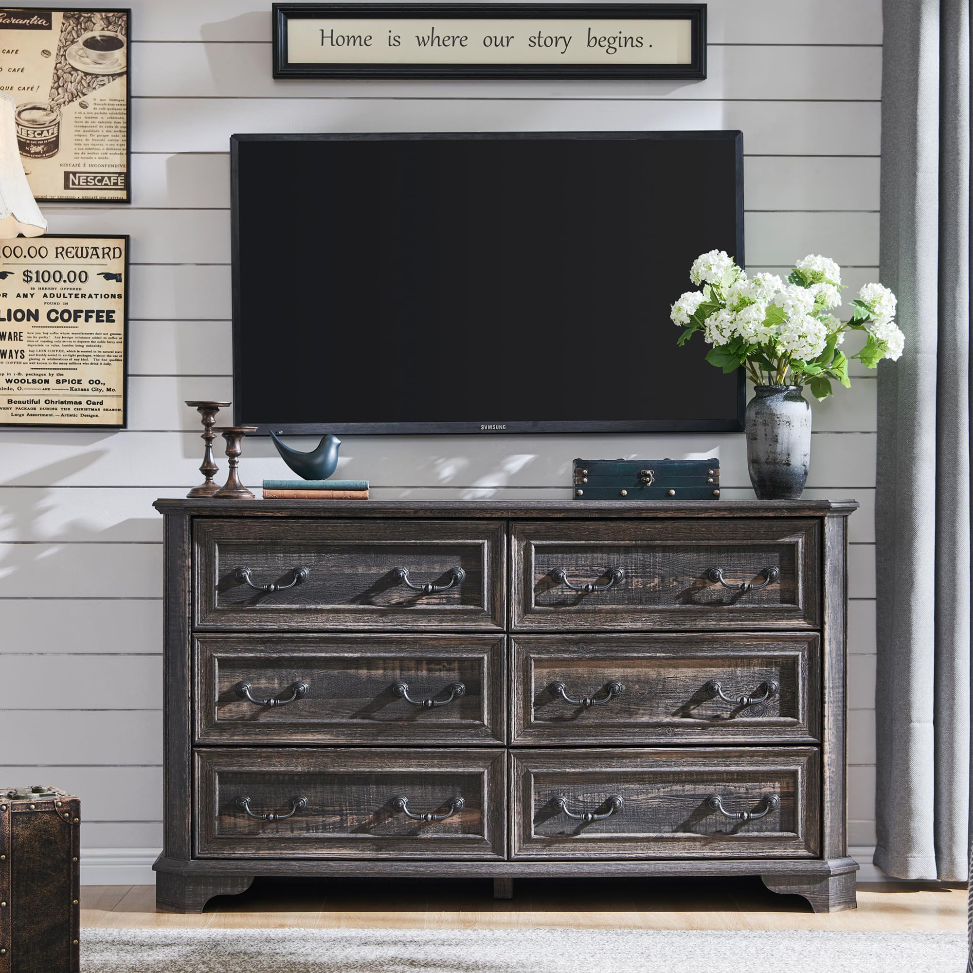 Cassettiera con 6 cassetti, 137 cm di larghezza, design vintage, per camera da letto e soggiorno, rovere rustico scuro