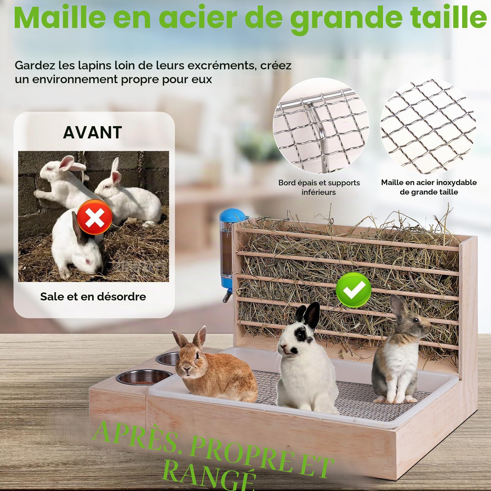 Grand râtelier à foin 4 en 1 - En bois - Distributeur de nourriture pour lapins - Avec bac à litière pour chat - Bouteille d'eau - Distributeur de nourriture pour hamster - Distributeur