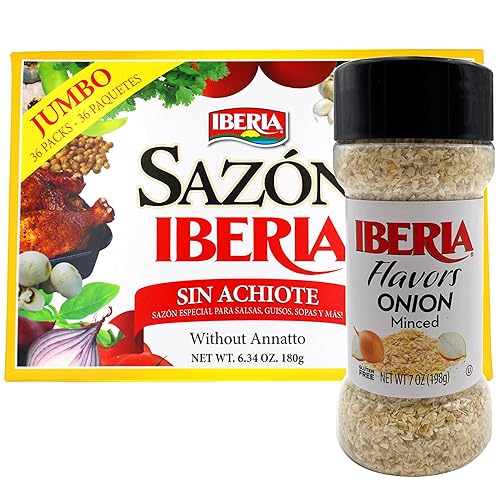 Sazon Iberia sin Achiote 6.34 onzas (36 paquetes) + cebolla Iberia picada, 7 onzas