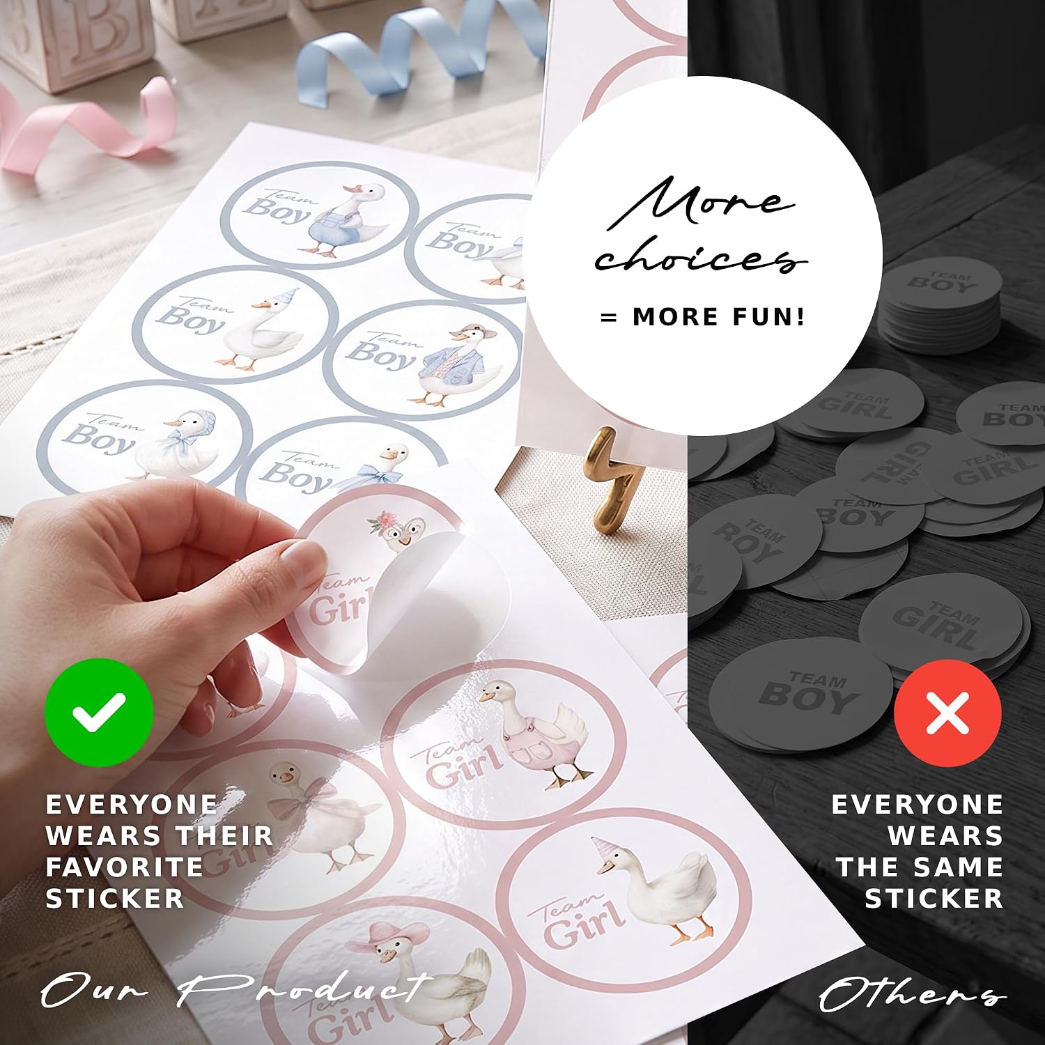 72pcs Team Boy or Girl Stickers and Display Stand, Pink and Blue Geese, Gender Reveal Stickers, Boy or Girl Gender Reveal Decorations, Baby Shower Games For Guests, Party Game Supplies and Accessories
