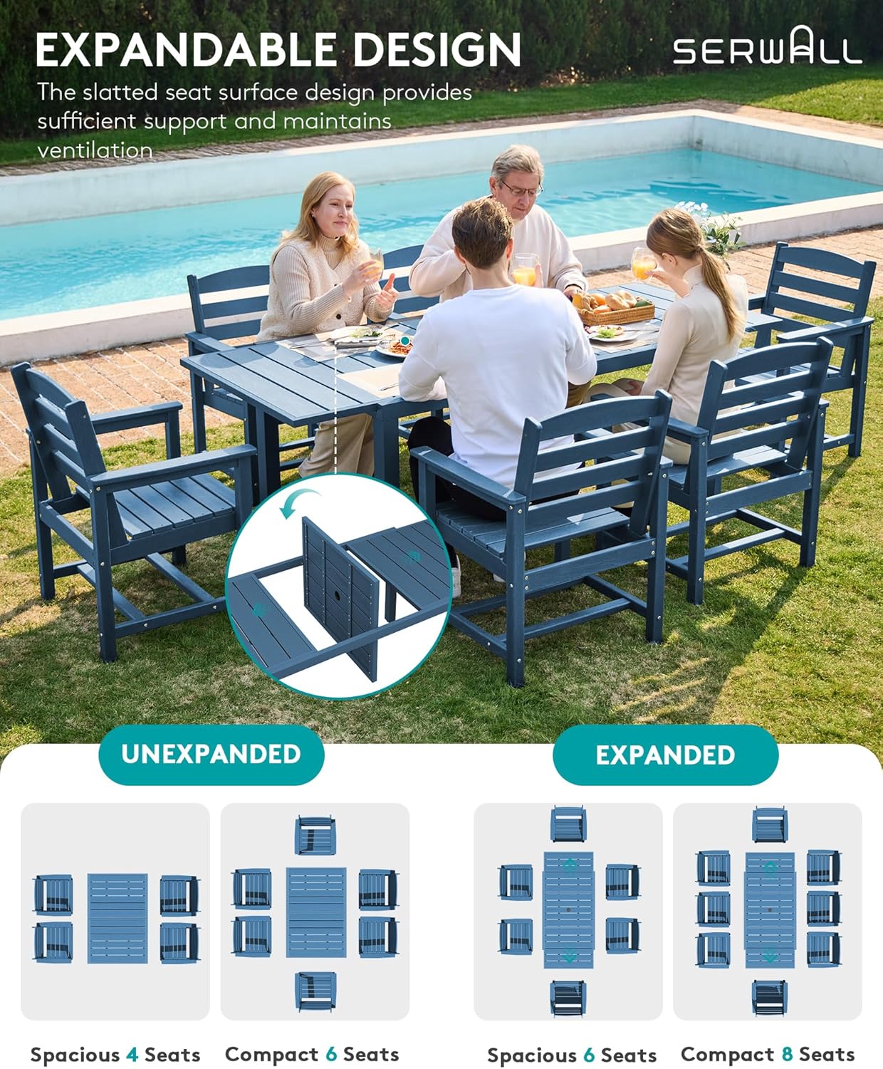 SERWALL Outdoor Dining Chairs Set of 2, All-Weather HDPE Patio Chairs, Blue