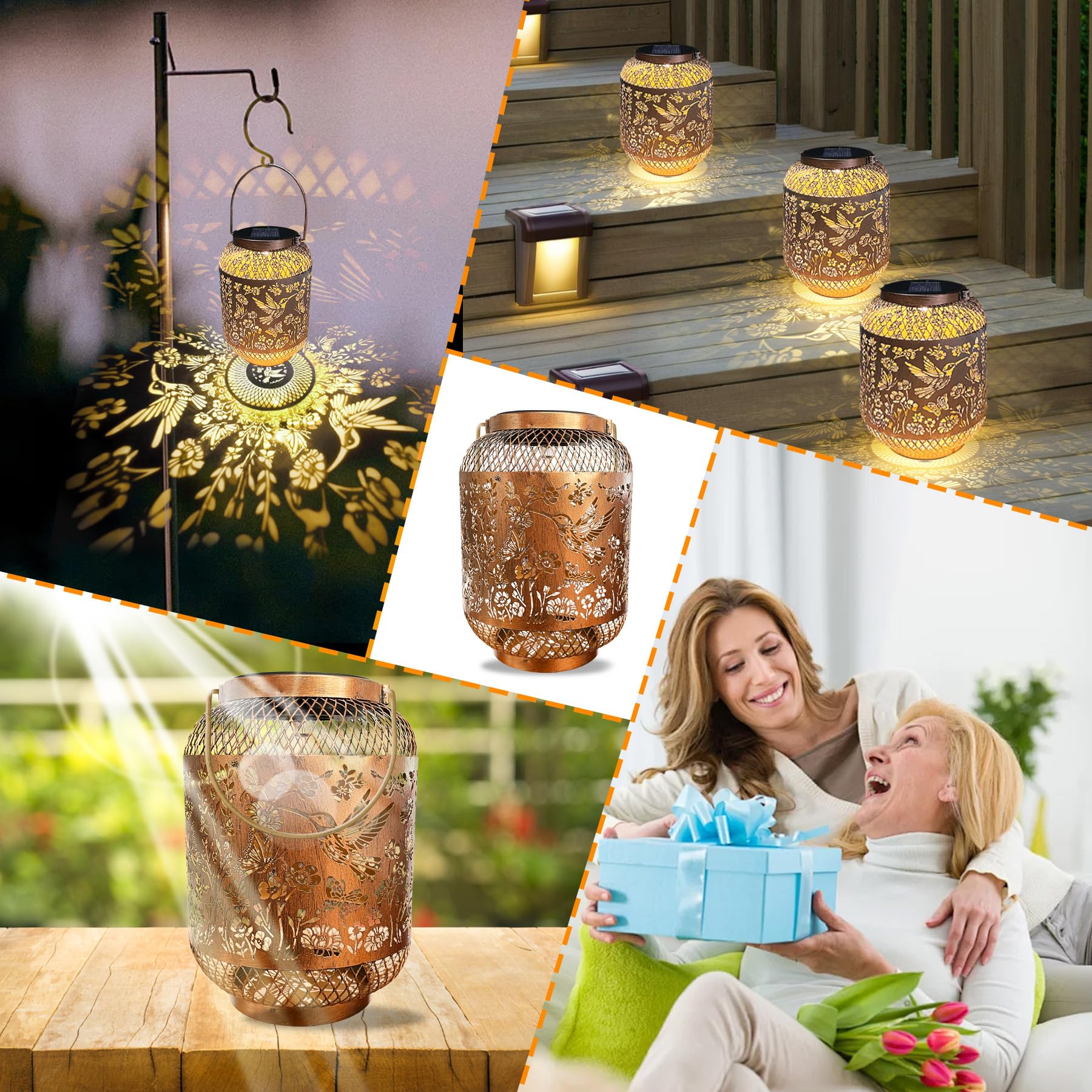 VEEKAY Lanterne Solaire Exterieur, LED Lampe Solaires de Jardin,IP65 Étanches,Lampe Solaire Exterieur Jardin en Métal pour Patio Terrasse Cour Table (Fleurs pour colibris)