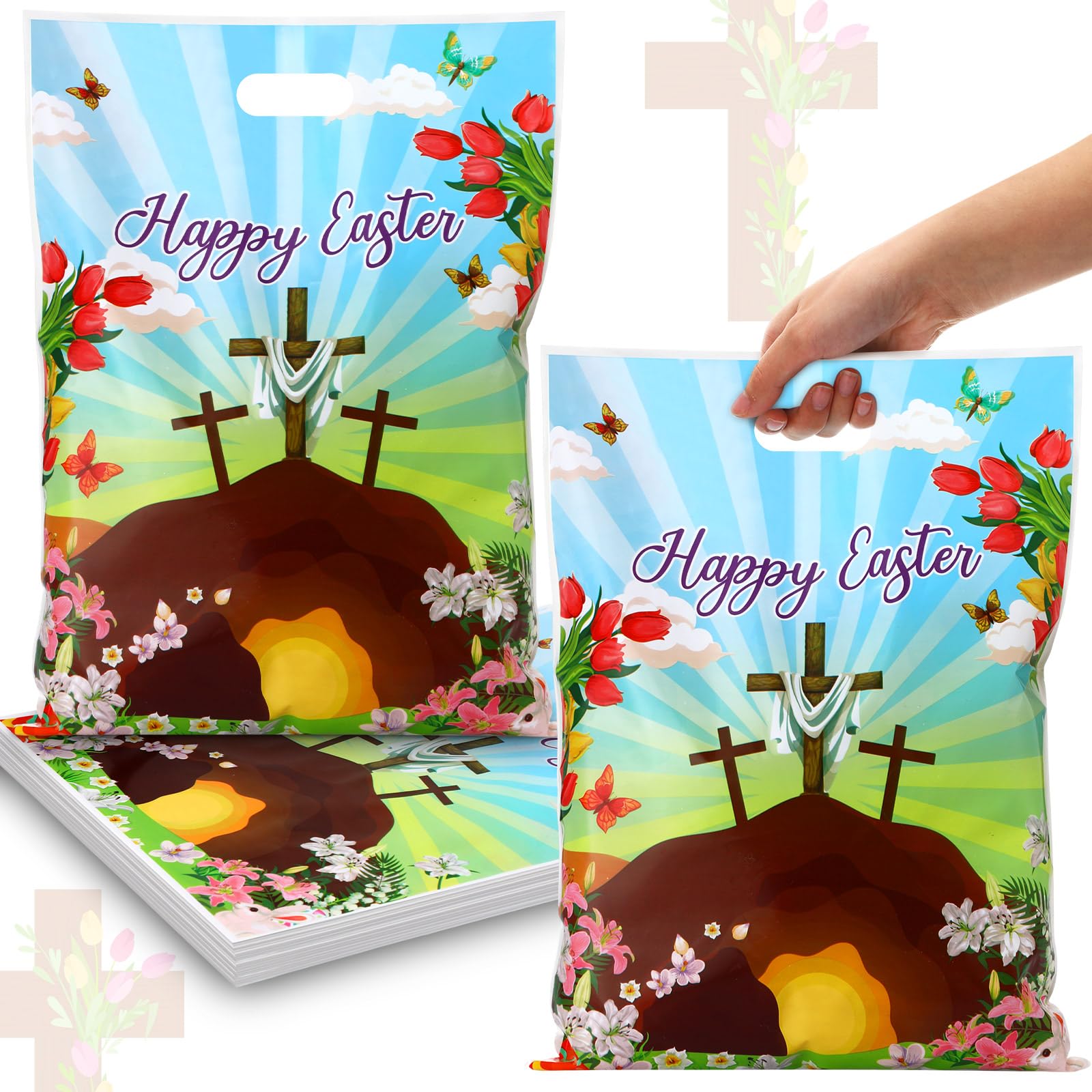 Motiskyy 60 Pcs Large Easter Gift Bags with Handle 12" x 16" Bulk Religious Happy Bunny Tote Bag, Resurrection Scene Candy Treat Bags for Kids Eggs